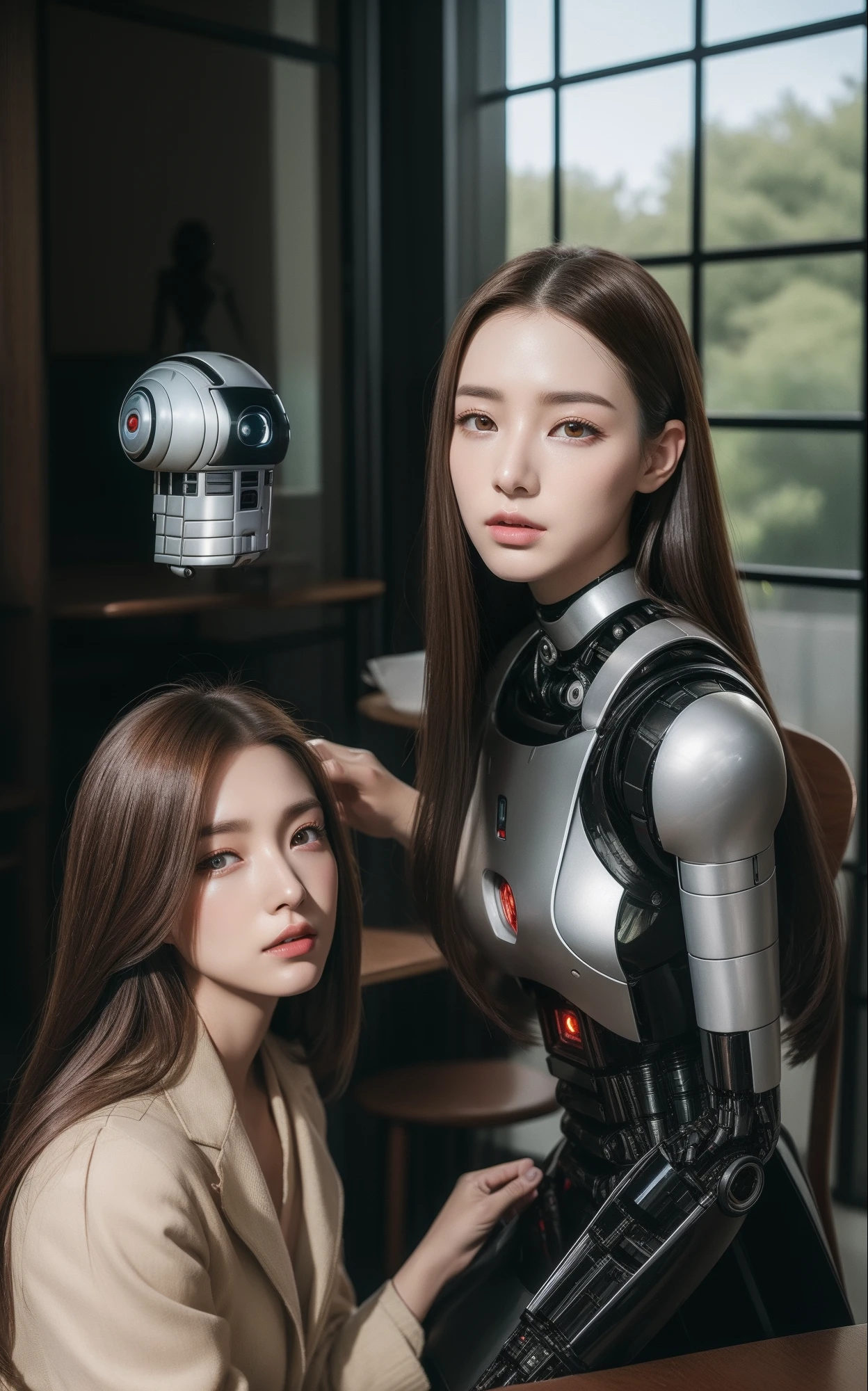 (top-quality、超A high resolution、8K、masterpiece、realisitic、Photorealsitic)、(Humanoid Droid:1.5)、two individuals、Droid with beautiful female face、The upper part of the body、close-up、frombelow、(Reading:1.3、Sitting on a chair)、looking in camera、BREAK、(cafes:1.2)、Daytime、Natural lighting