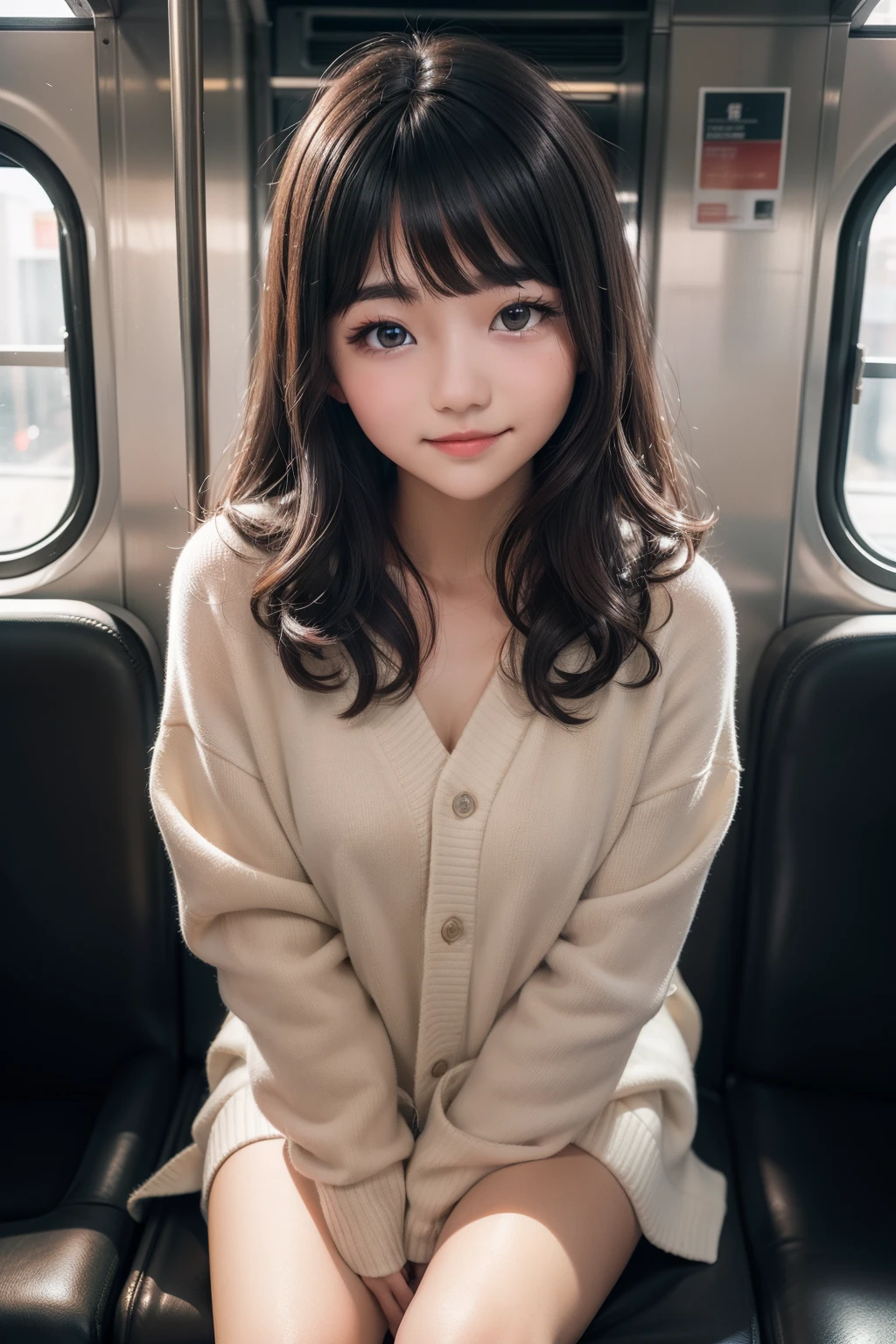 studio lights、depth of fields、The upper part of the body、A slender、cute  face、A smile、Beautiful detail eyes、Japan 15 years old、cute little、Voluminous curls with warm black color、plaza、rcasual、On the train