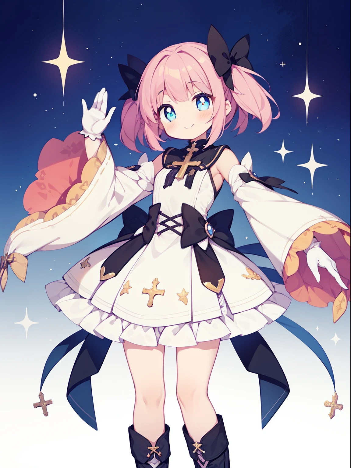 (1girl in:1.2), (Solo:1.2), masutepiece, nffsw、Shaders、Brilliant Textured Work、Ultra-detailed eyes、ultra-intricate pupil in eyes、top-quality、Pink hair、childish、Gamine、小柄、Standing Picture、magical 、shorth hair、Clothes in black and white only、Twin-tailed、Large ribbon、small tits、Wide sleeves、starrysky、A big smile、white glove、Tiered miniskirt、Absolute Area、white stockings、Magical Girl Boots、Cross Accessories、Cross pattern、Large cross pattern、Dynamic poses、