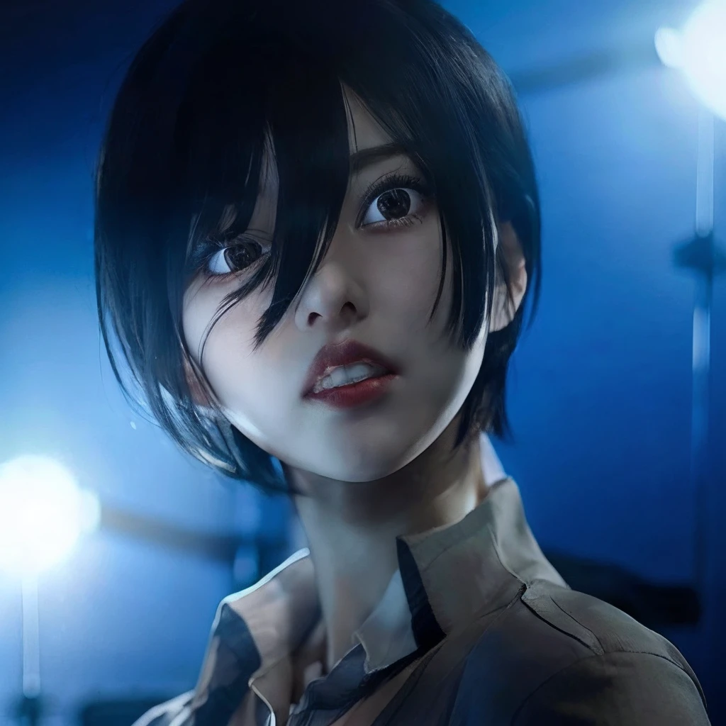 1girl, Mikasa Ackerman, short hair, black hair, white shirt, realistic, very detailed,eyes, 70mm lens,face detail,Mouth details