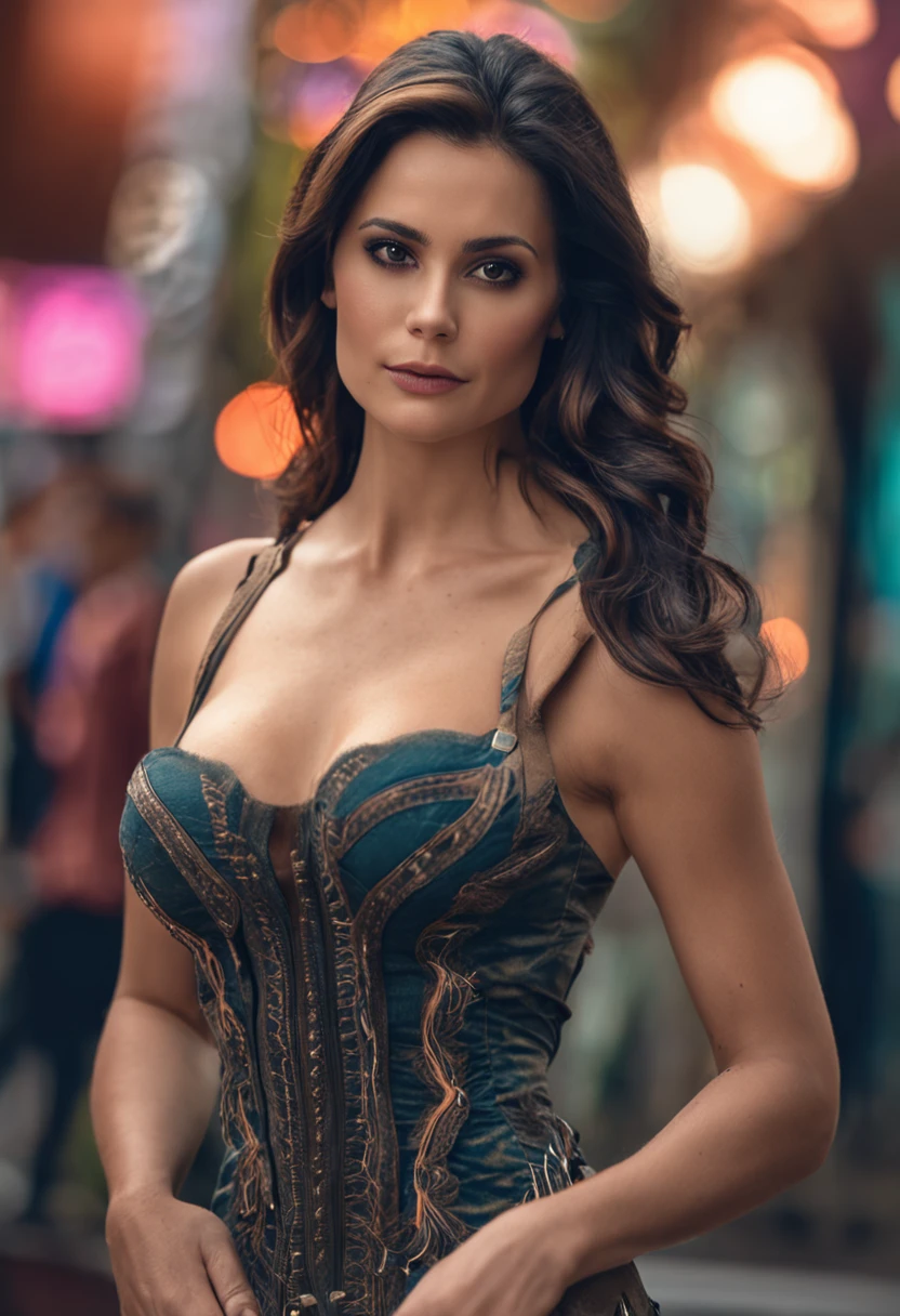 A pretty girl with dark hair and big, brown bambi eyes. Her figure is curvy, the 3/4 shot hinting at her perky b-cups.