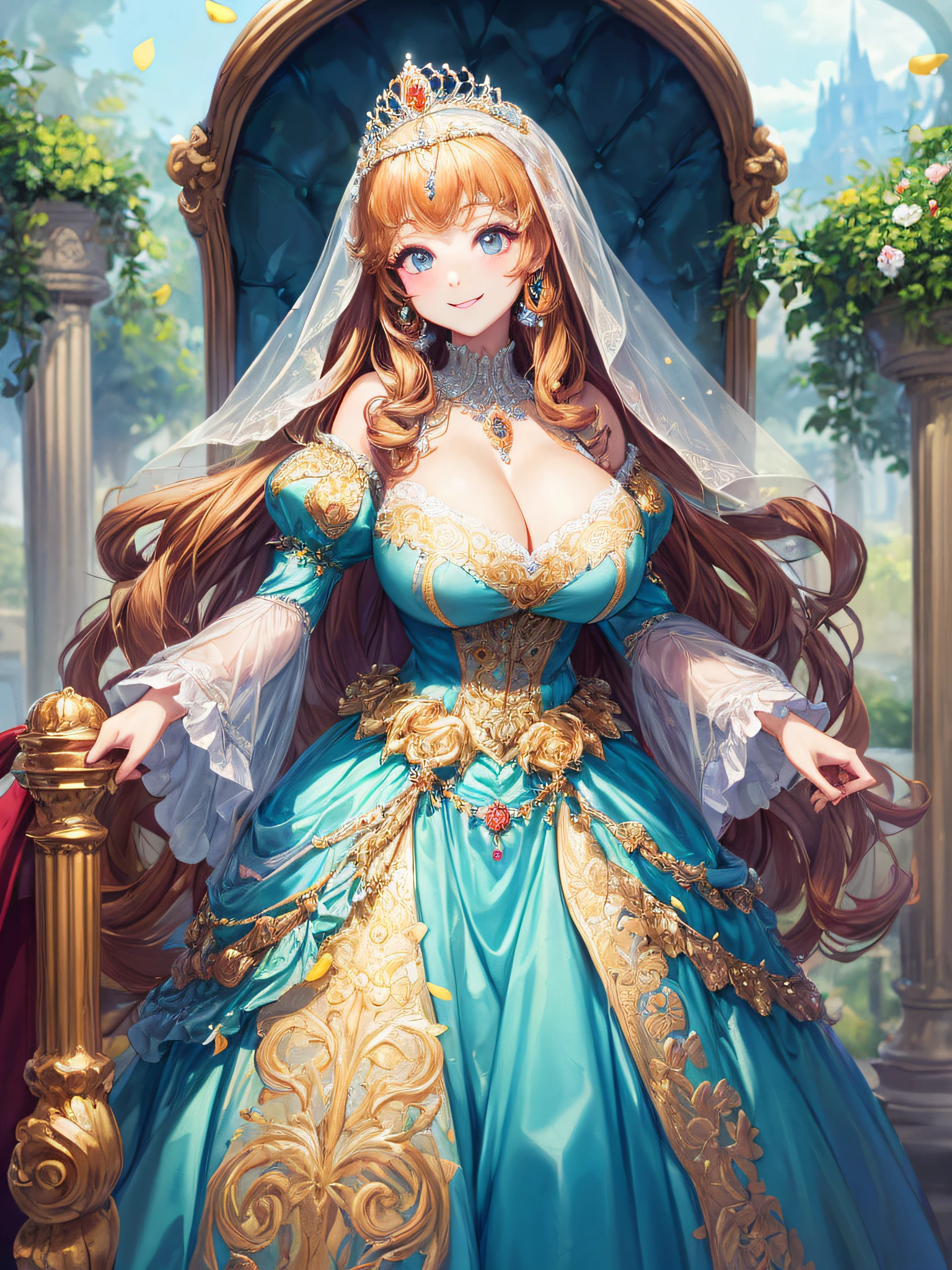 (masterpiece, best quality,extremely detailed,moe anime art style:1.2),1girl, (solo), cute, kawaii,digital art,((1 bling-bling anime princess wearing beautiful embroidery and jeweled gorgeous princess rococo ballgown with voluminous full length hoop skirt)),((crinoline)),long train,voluminous frills,(gorgeous embroidery and beautiful lace),(very gigantic boobs,cleavage,skindentation),((shiny hair,absurdly voluminous straight hair,absurdly Long Hair)),(finely detailed face and eye),clear pupil,smile,extremely gorgeousfull jeweled tiara,(bling-bling extremely gorgeousfull jeweled tiara),((bling-bling gorgeous gemstone jewelry)),long veil,((standing in beautiful garden)),flowers,flower petals flowing,(dynamic angle),((beautiful embroidery and jeweled gorgeous princess rococo ballgown with voluminous full length hoop skirt))