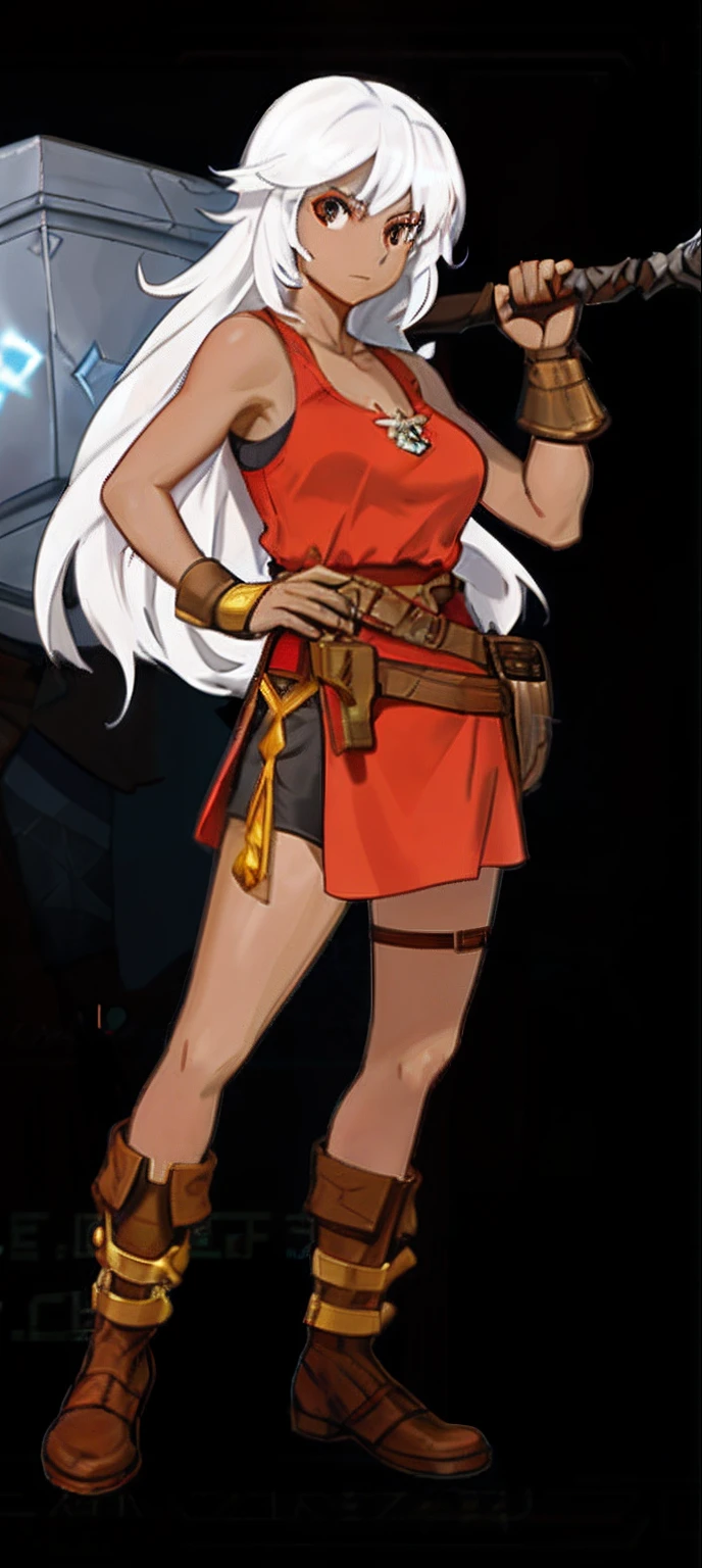 Cartoon picture of a woman holding a sword and hammer, official character art, final fantasy tactics character, natalie from epic battle fantasy, ( ( concept art of character ) ), Kushatt Krenz Key Art Women, valkyrie style character, Main character, fullbody rpg portrait, Tifa Lockhart with white hair, jrpg character, full body character portrait, Character artwork