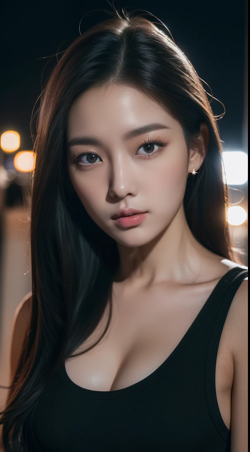 realistic photos of 1 cute Korean star, medium hair, hair flying, white skin, thin makeup, 32 inch breasts size, wearing black tank top, at the street, night, close-up portrait, Baroque, UHD