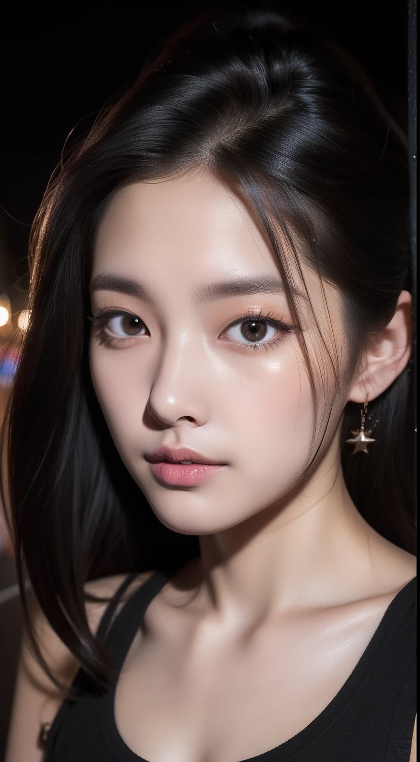 realistic photos of 1 cute Korean star, medium hair, hair flying, white skin, thin makeup, 32 inch breasts size, wearing black tank top, at the street, night, close-up portrait, Baroque, UHD