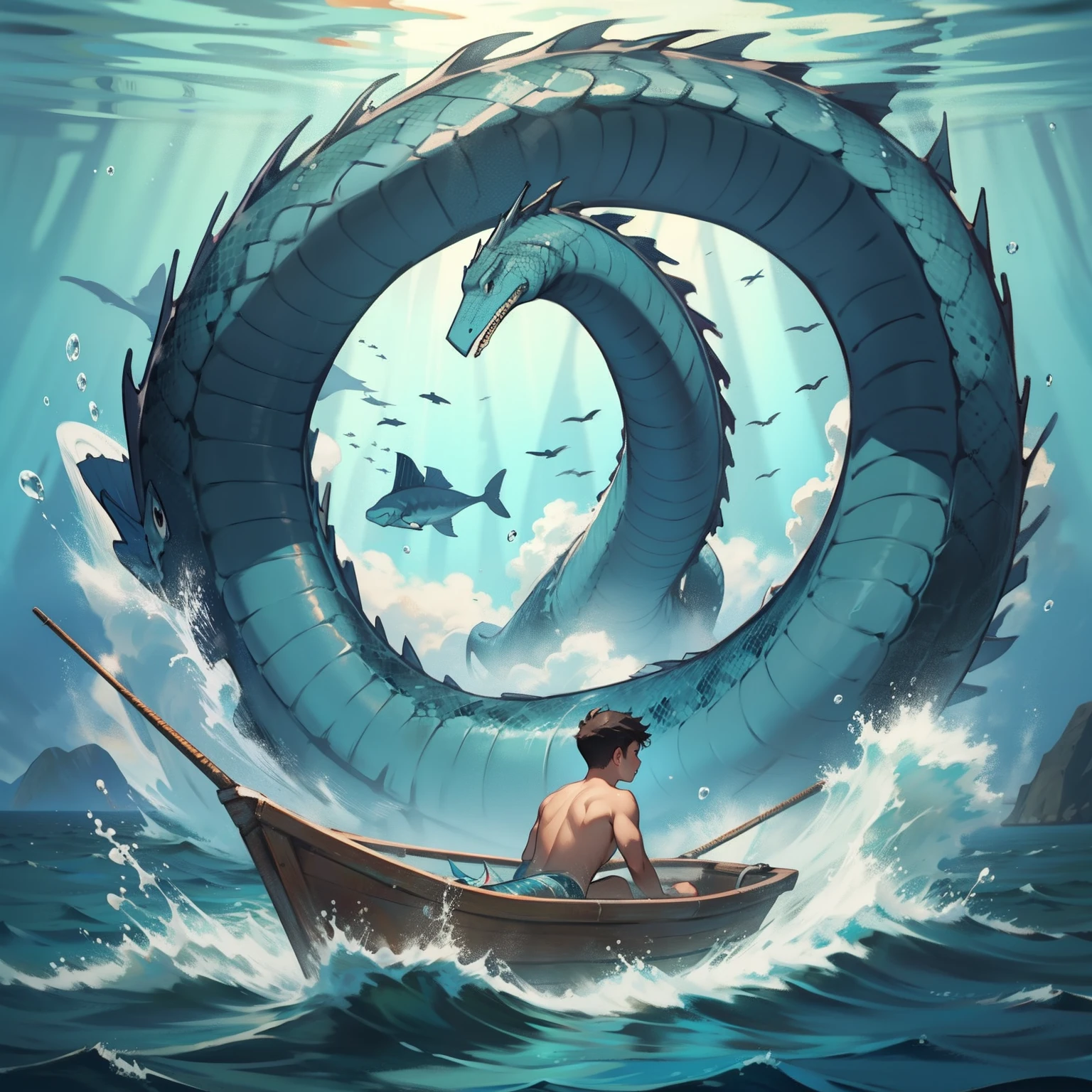 A boy swims at the bottom of the sea，sea serpent