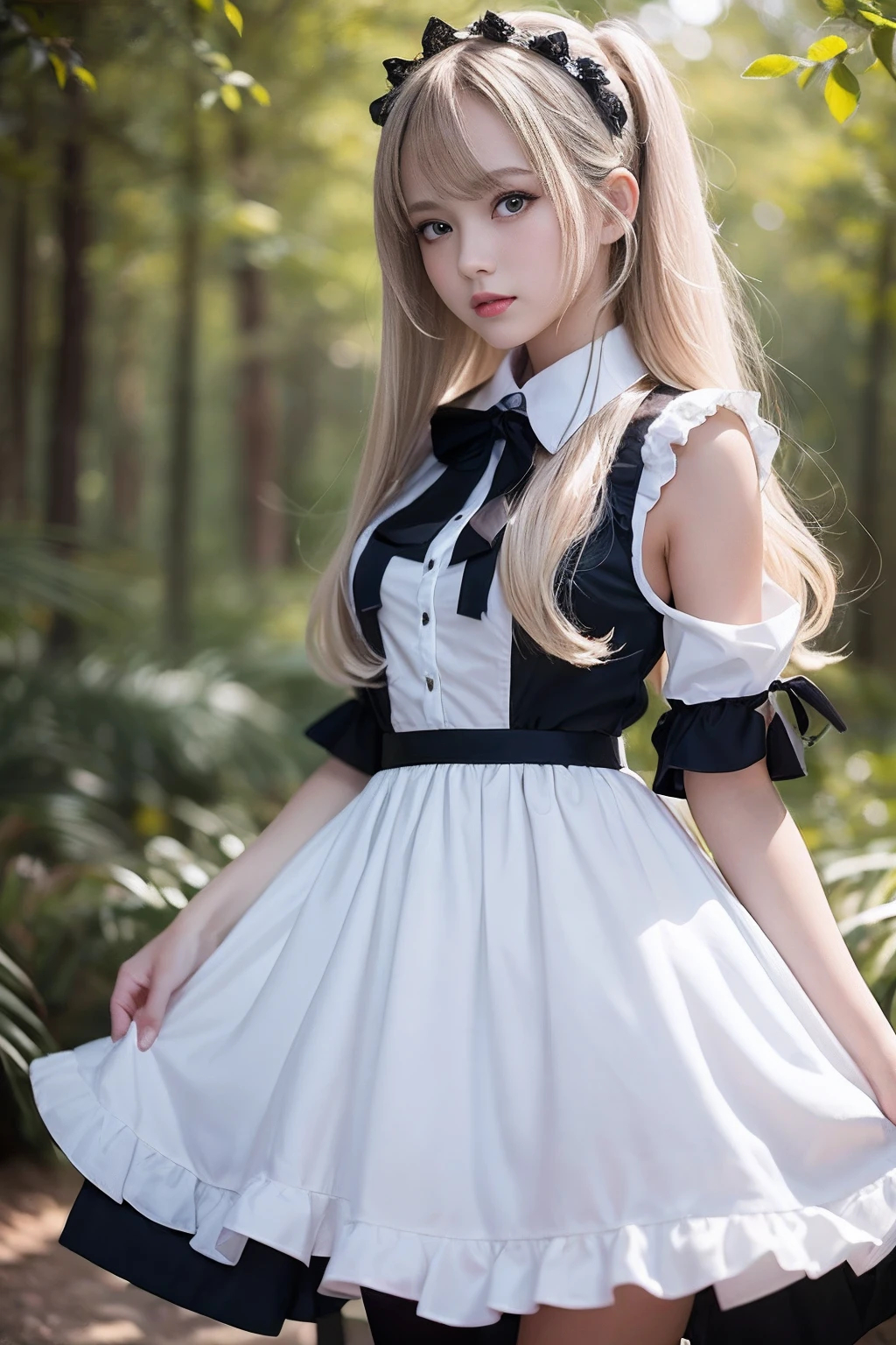 (masterpiece, best quality), (absurdres:1.3), (photorealistic:1.5), RAW photo of (18-year-old:1.4) beautiful European girl, (ultra detailed, ultra realistic, hyper realistic, 8K, ultra highres:1.2), (dynamic pose:1.2), bokeh, sharp focus, long hair, blonde hair, young girl, lips, slim, detailed eyes, detailed face, BREAK portrait photo by professional photographer, slender, slim, maid costume, frilled, skirt