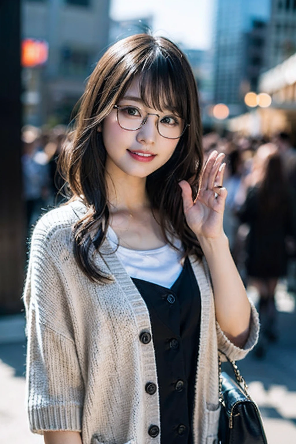 (8K、Raw photography、top-quality、masterpiece:1.2)、(realisitic、Photorealsitic:1.37)、ultra-detailliert、超A high resolution、1人、see the beholder、beautifull detailed face、A smile with a little visible teeth、Constriction、(Slim waist) :1.3)、((Wearing a cardigan))、pastel clothing、Beautiful detailed skin、Skin Texture、Floating hair、((semi long hair))、large breasts with good shape、Professional Lighting、In front of the station at noon、((Black square glasses))、Whole human body、Black hair、((Have a small handbag))、waving at viewer、