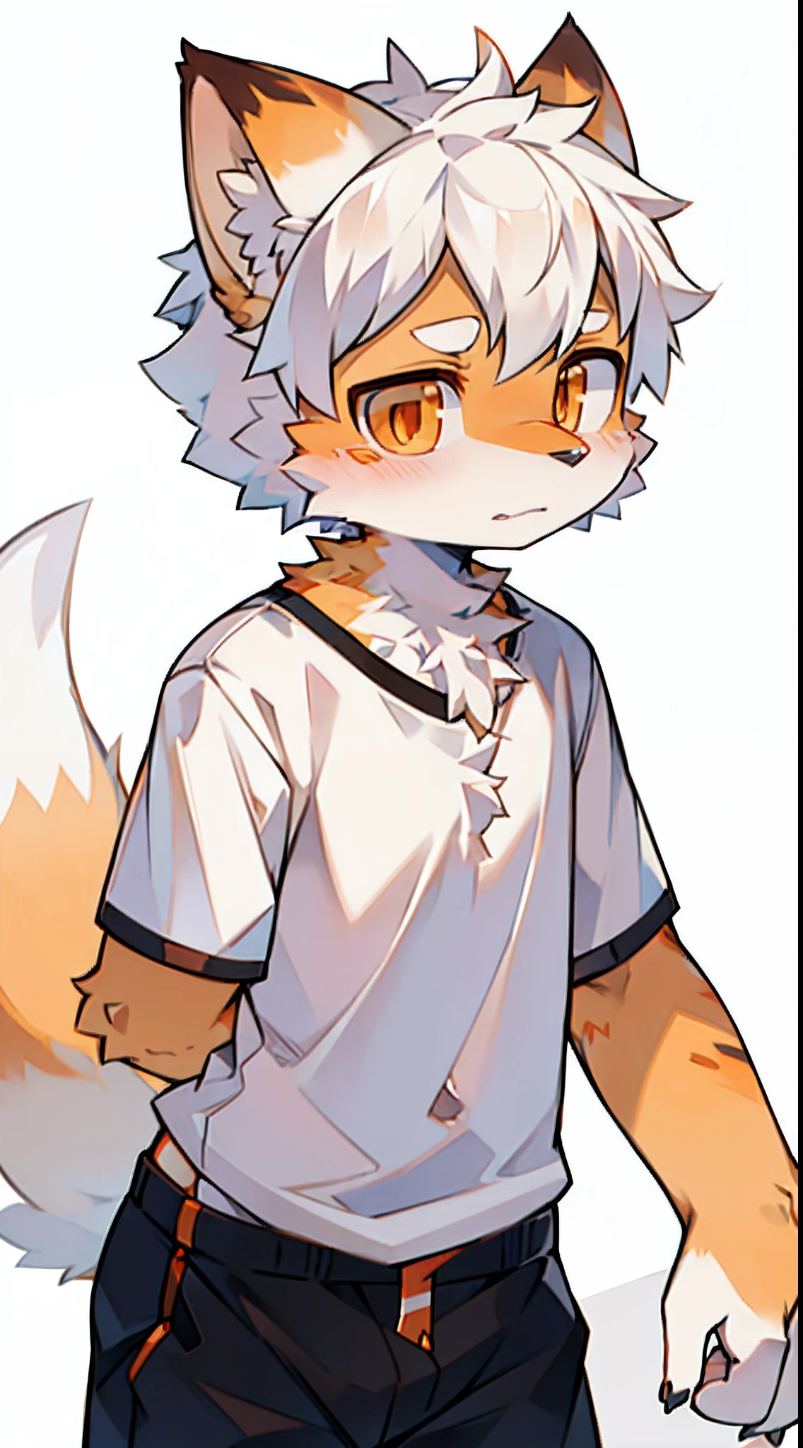 Male,male focus, orange fur, white hair, blush, T-shirt, short pant, fluffy tail,high quality, highlight 