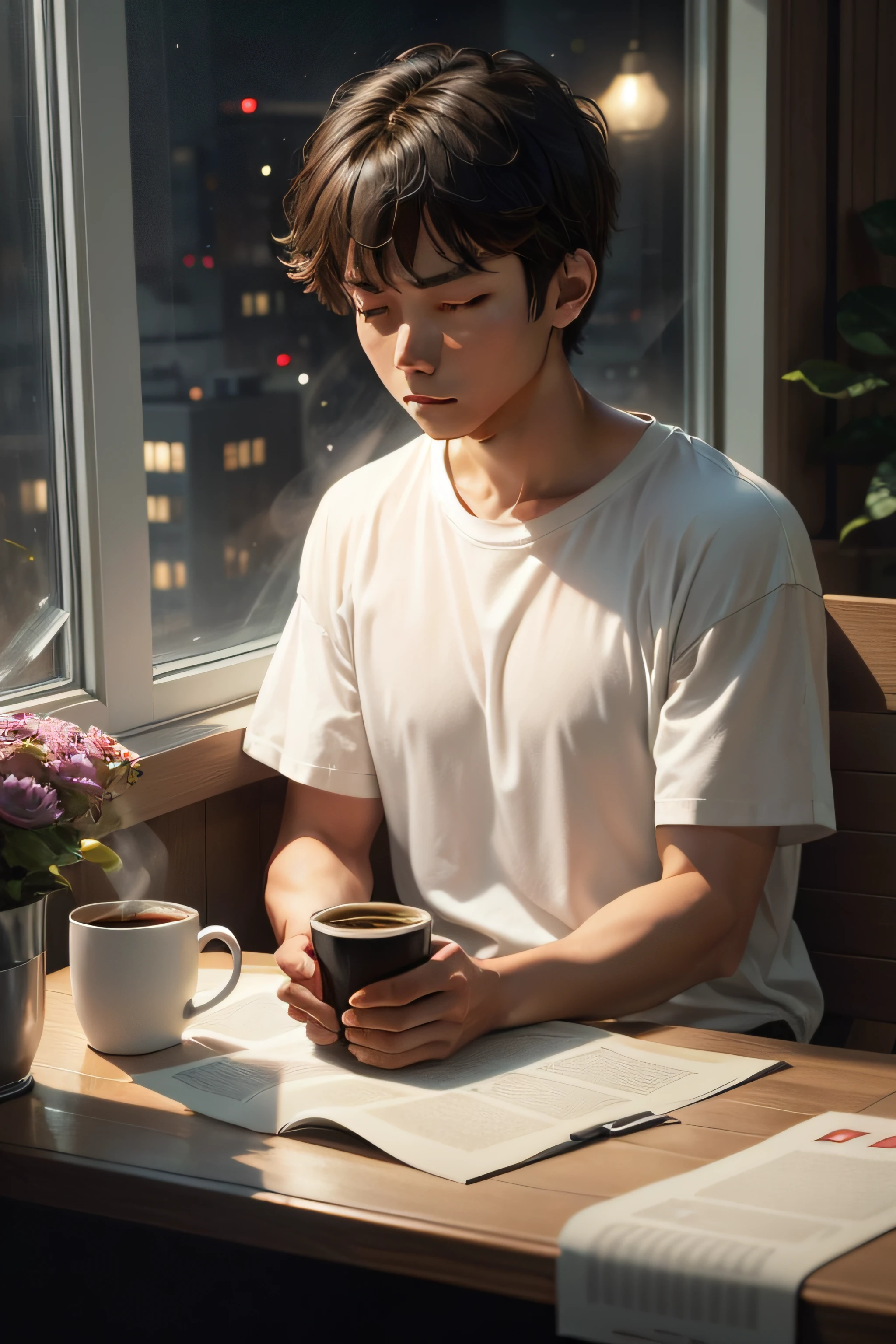 A cup of coffee on the window border, a man sitting beside the window, breeze flowing gently through window, missing his crush girl, broken heart emotion, large table, nighttime, (large white t-shirt), short hair