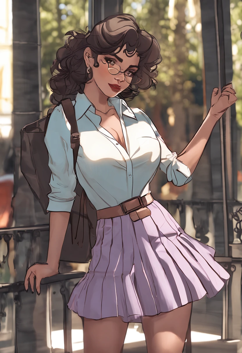 A pretty girl with dark hair and big, brown bambi eyes. Her figure is curvy, the 3/4 shot hinting at her perky b-cups. She's in her early twenties. She's wearing a ruffled blouse and a skirt, and wears elegant, timeless glasses.