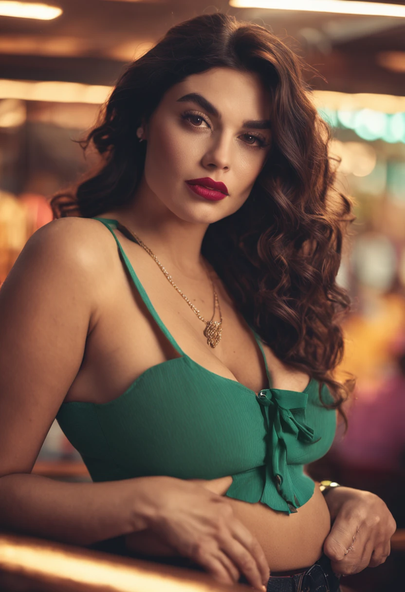 A pretty girl with dark hair and big, brown bambi eyes. Her figure is curvy, the 3/4 shot hinting at her perky b-cups. She's in her early twenties. She's wearing a ruffled blouse and a skirt, and wears elegant, timeless glasses.