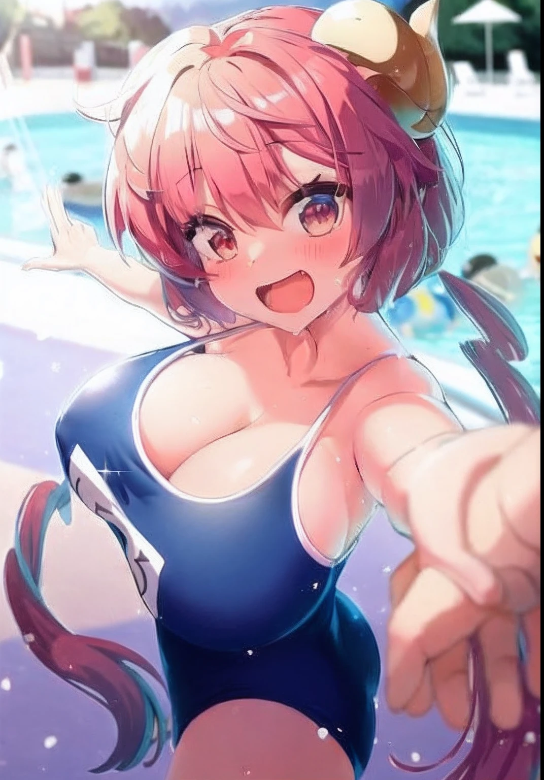 A close-up of a person in a swimsuit near a swimming pool, Anime Moe Artstyle, is wearing a swimsuit, splash art anime , OPPAI, (Chica anime), seductora chica de anime, swimsuit, Anime Waifu, Ecchi, Estilo anime Ecchi, small curvy loliegao, Chica anime, anime! 4 mil, anime! 4k
