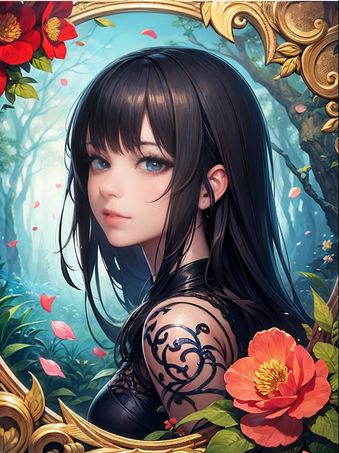 (1girll, Solo, From the side Side), The is very detailed, (abstract backgrounds, zentangle, s fractal art:1.3), (many color, Colorful:1.1), (feater, petals, blossoms:1.3), dynamicposes, 耳Nipple Ring,portrait of a princess, , in the art style of bowater, Baroque fluffy skirt,Fantasy art style, beautiful fantasy maiden,Exquisite and perfect facial features,美丽细致的眼睛,long eyelasher,Delicate eyeliner,Blue eyes,Dark pupils,There are bright spots in the eyes,almond eyes,Beautiful lip details,8K high-definition,anatomy correct,Oil painting thick painting style,Messy black hair,cottage in the forest,Colorful birds