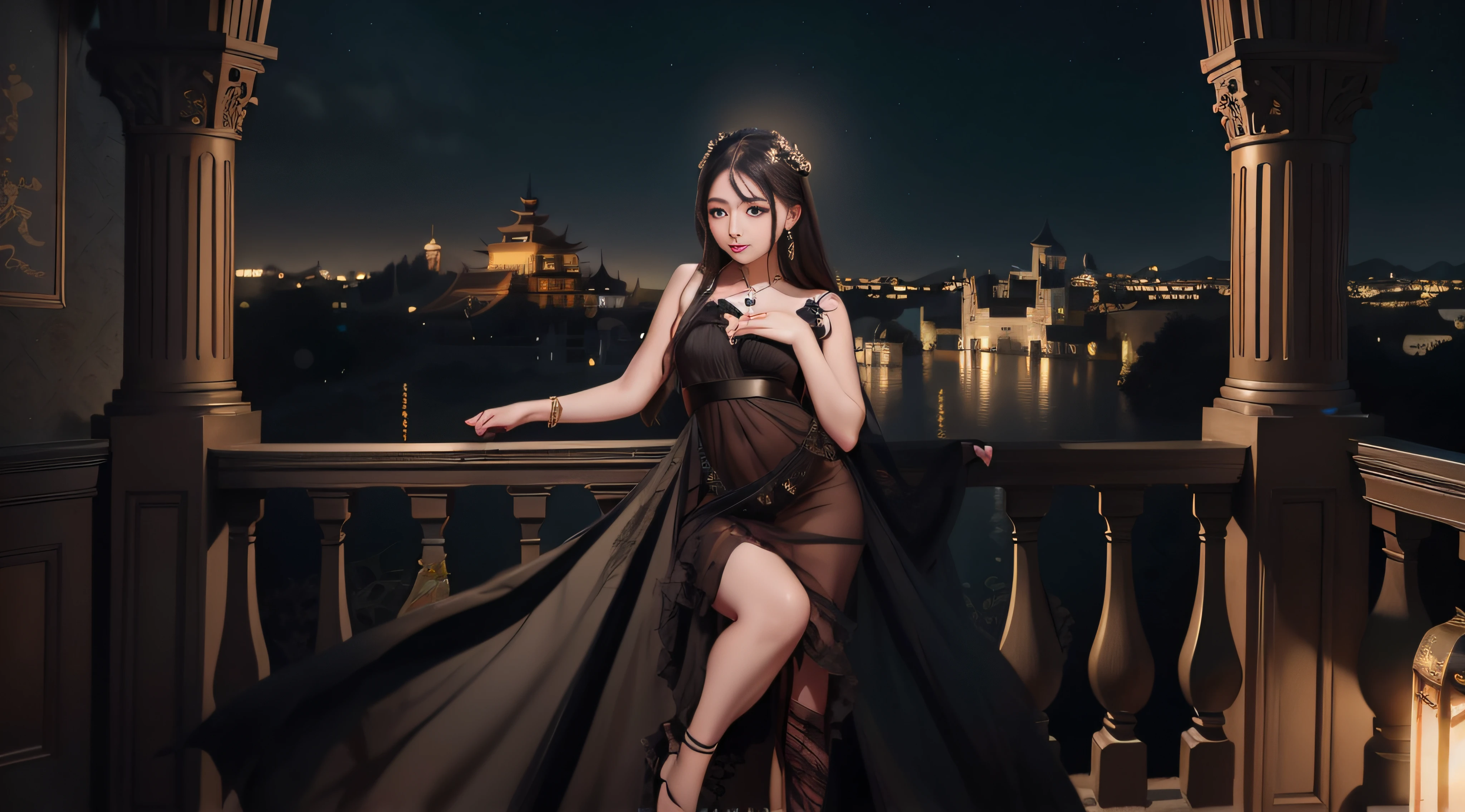 Alafi woman in black dress poses on balcony, fantasy photoshoot, Chinese girl, China Princess, matte painting portrait shot, Elegant Gothic princess, Palace ， A girl in Hanfu, professional photoshooting, royal elegant pose, inspired by Hedi Xandt, high quality portrait photoshoot, full-body xianxia, inspired by Zhan Ziqian