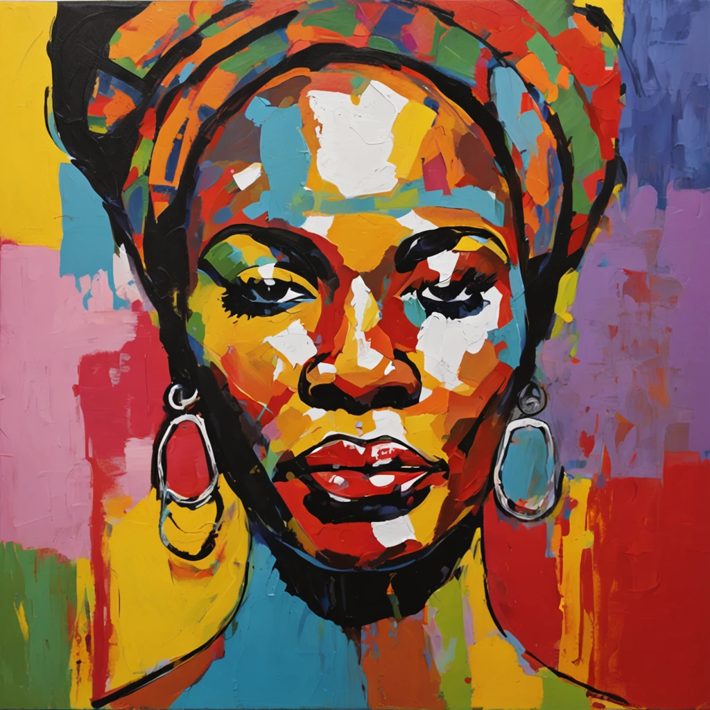 Imagen centrada. Pintura facial de Mujer africana, sobre un fondo negro, Cara abstracta, Retrato abstracto, Cara estilizada, Pintura de arte pop, Cara detallada altamente expresiva, Expresivo rostro femenino, estilo Picasso, Una pintura de arte pop, Hermosa pintura expresiva, Detailed face of a woman from an African tribe Detailed expression, Estilo Picasso, Estilo cubismo