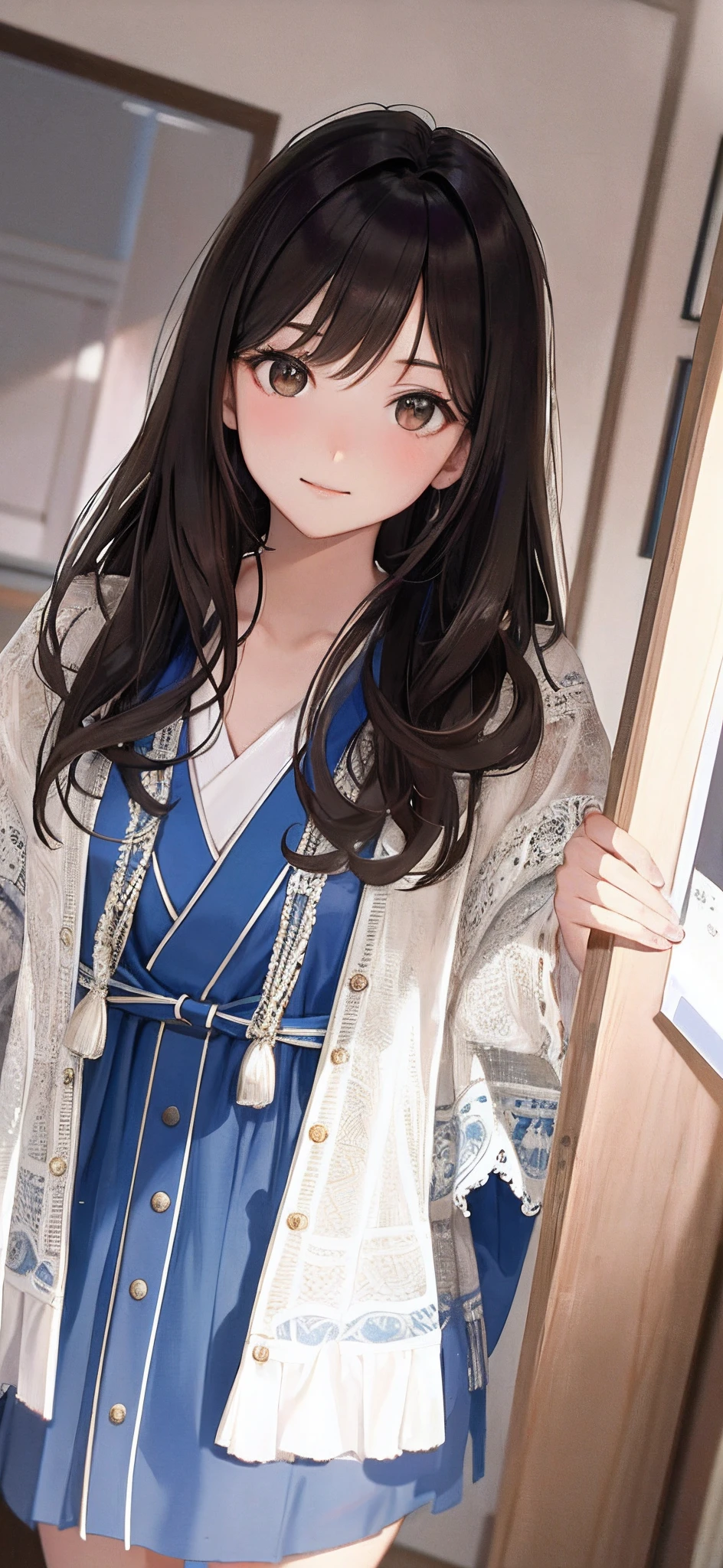 8K, Best Quality, real picture, Intricate details, Ultra-detailed, 超A high resolution, Depth Field,(Photorealsitic:1.4),masutepiece, straight-on shot , 1 Japan Woman, Very beautiful 20 year old girl, Innocent big eyes, (Brown Long Hair), (dark brown eyes:1.0),well-groomed hair,perfect glossy skin, flawless skin, Fair skin, tiny chest、Narrow waist,Blue Shirt Dress、 Light blush, Solo, Looking at Viewer, lightsmile