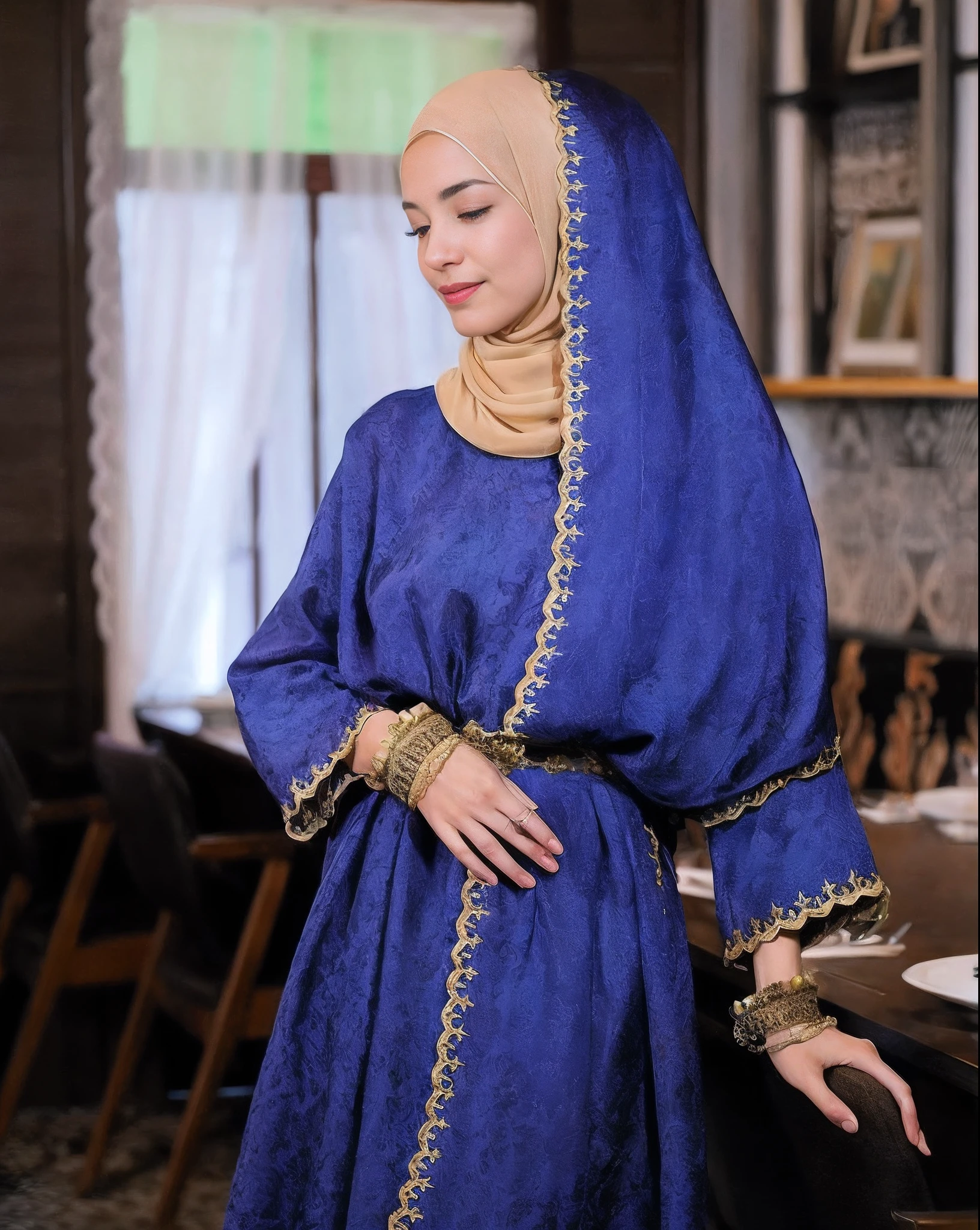 arafed woman in a blue dress and head scarf standing in a restaurant, naked