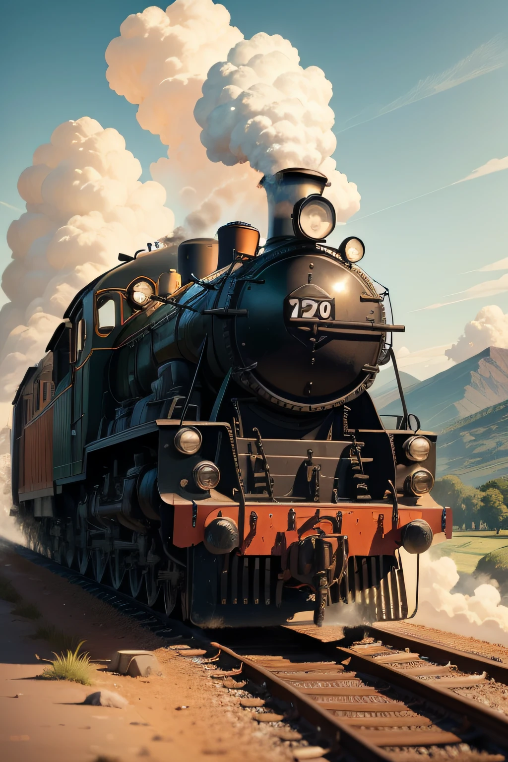 Draw a comic-book-style steam train with bold strokes and vibrant colors. O trem deve ser retratado em uma cena de paisagem, with white clouds in the sky and a trail of trails stretching to the horizon. Make sure the train has a classic and adventurous design, with an impressive front locomotive and wagons behind it. Make the scene convey the feeling of adventure and speed, como se o trem estivesse prestes a partir para uma jornada emocionante.