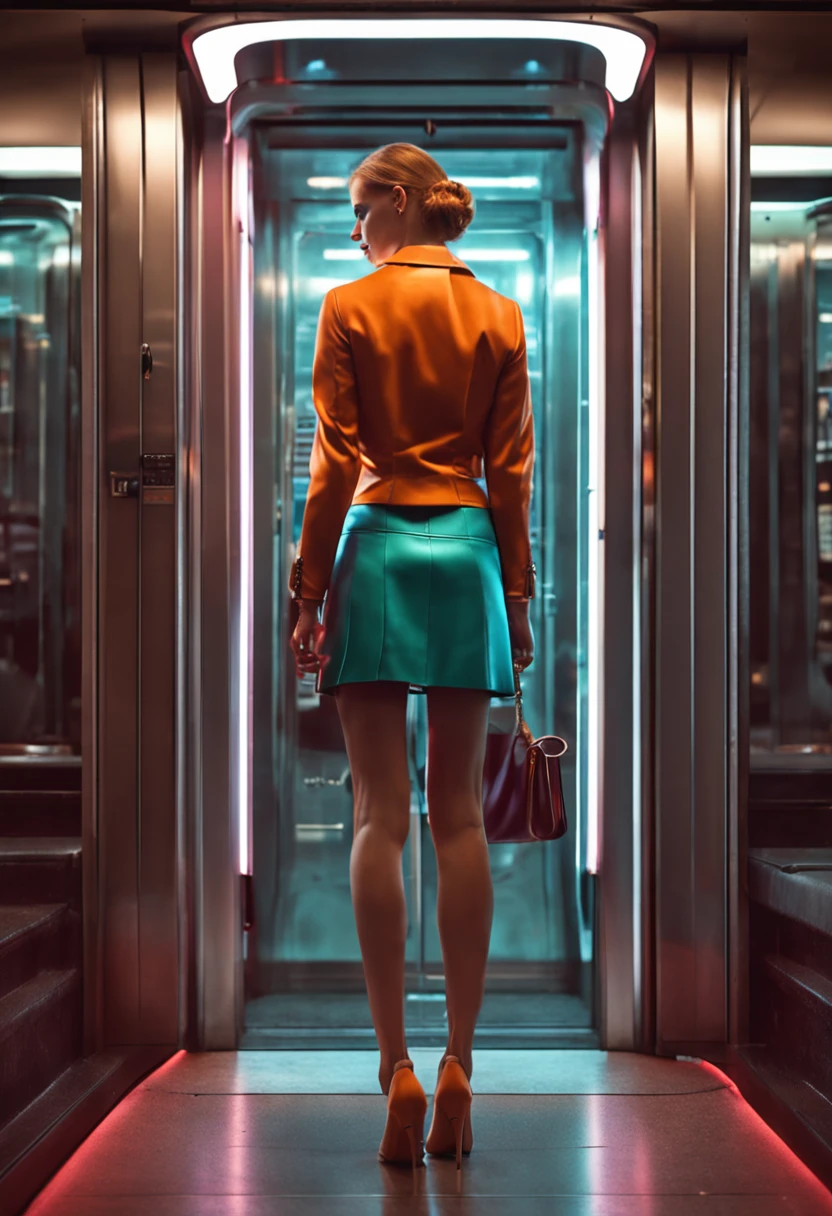 super realistic picture of a woman in mini skirt and high heels in an elevator