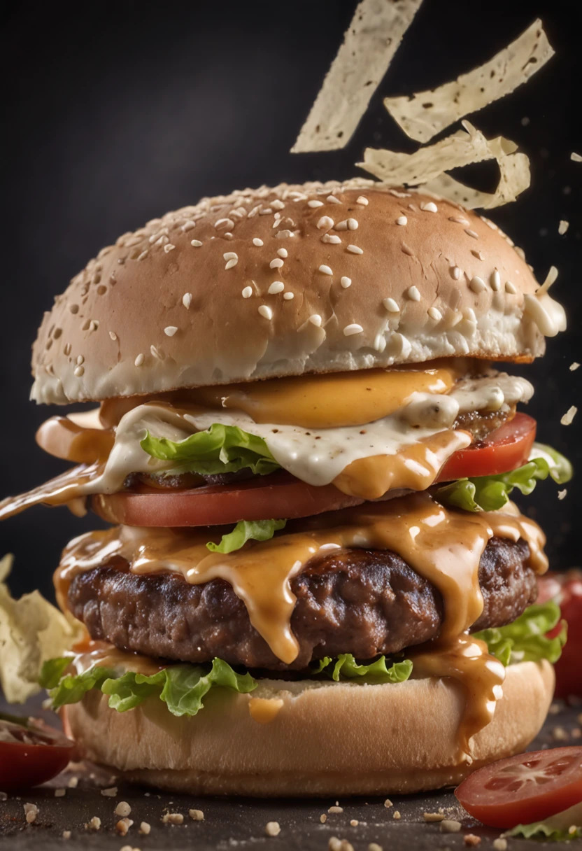 A burger falling in pieces juicy, tasty, hot, promotional photo, intricate details, hdr, cinematic, adobe lightroom, highly detailed