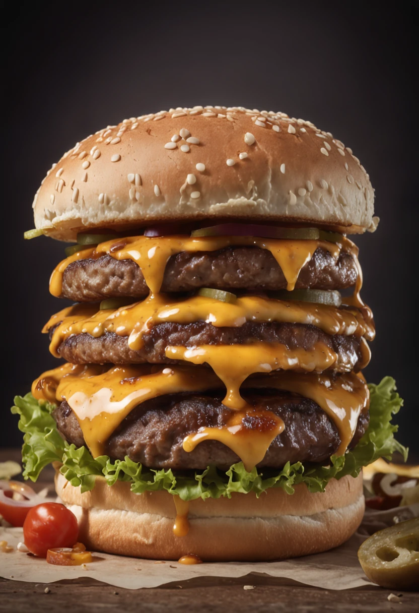 A burger falling in pieces juicy, tasty, hot, promotional photo, intricate details, hdr, cinematic, adobe lightroom, highly detailed