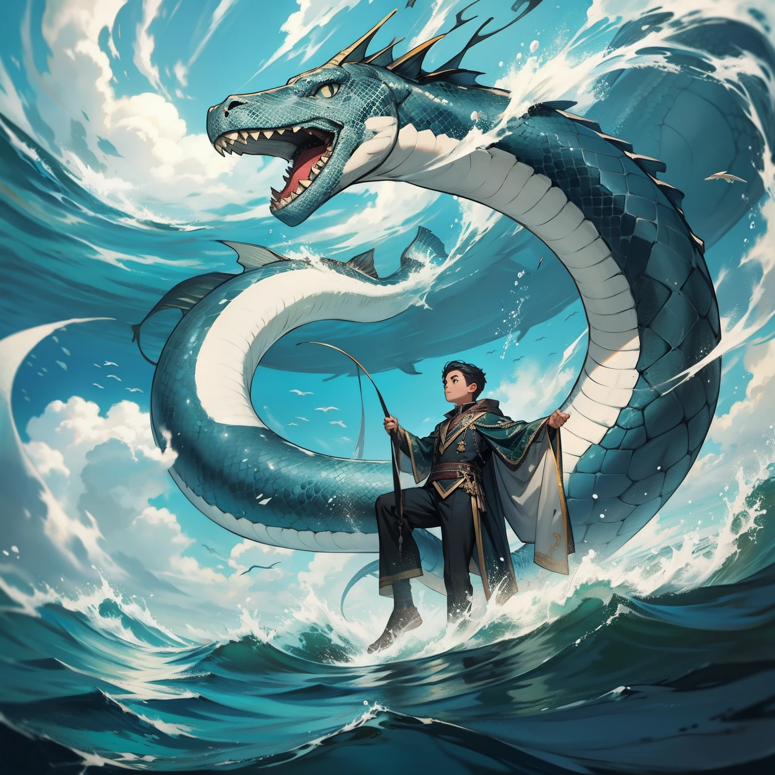 A boy swims at the bottom of the sea，sea serpent
