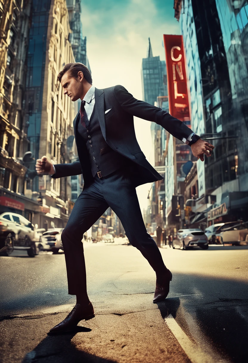 A stylish and sophisticated brown-haired man confidently striding through a bustling city in a sleek black suit.