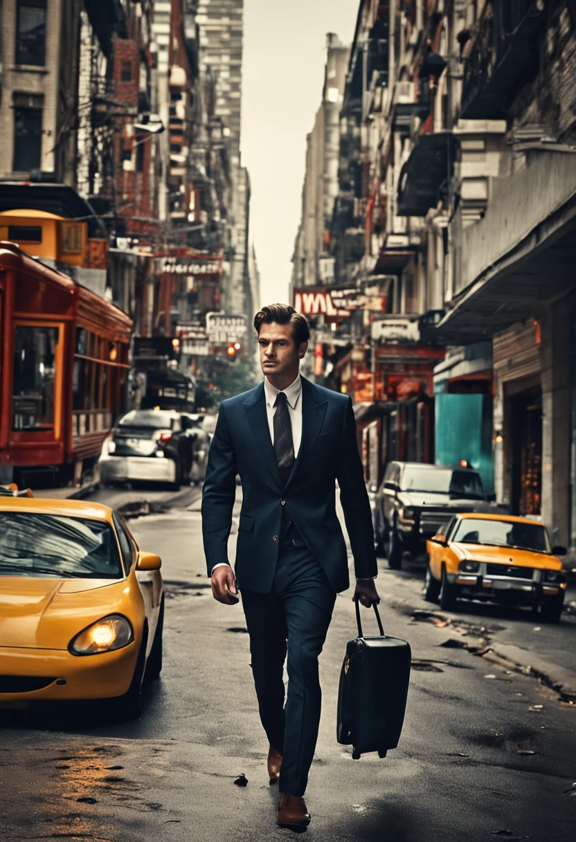 A stylish and sophisticated brown-haired man confidently striding through a bustling city in a sleek black suit.