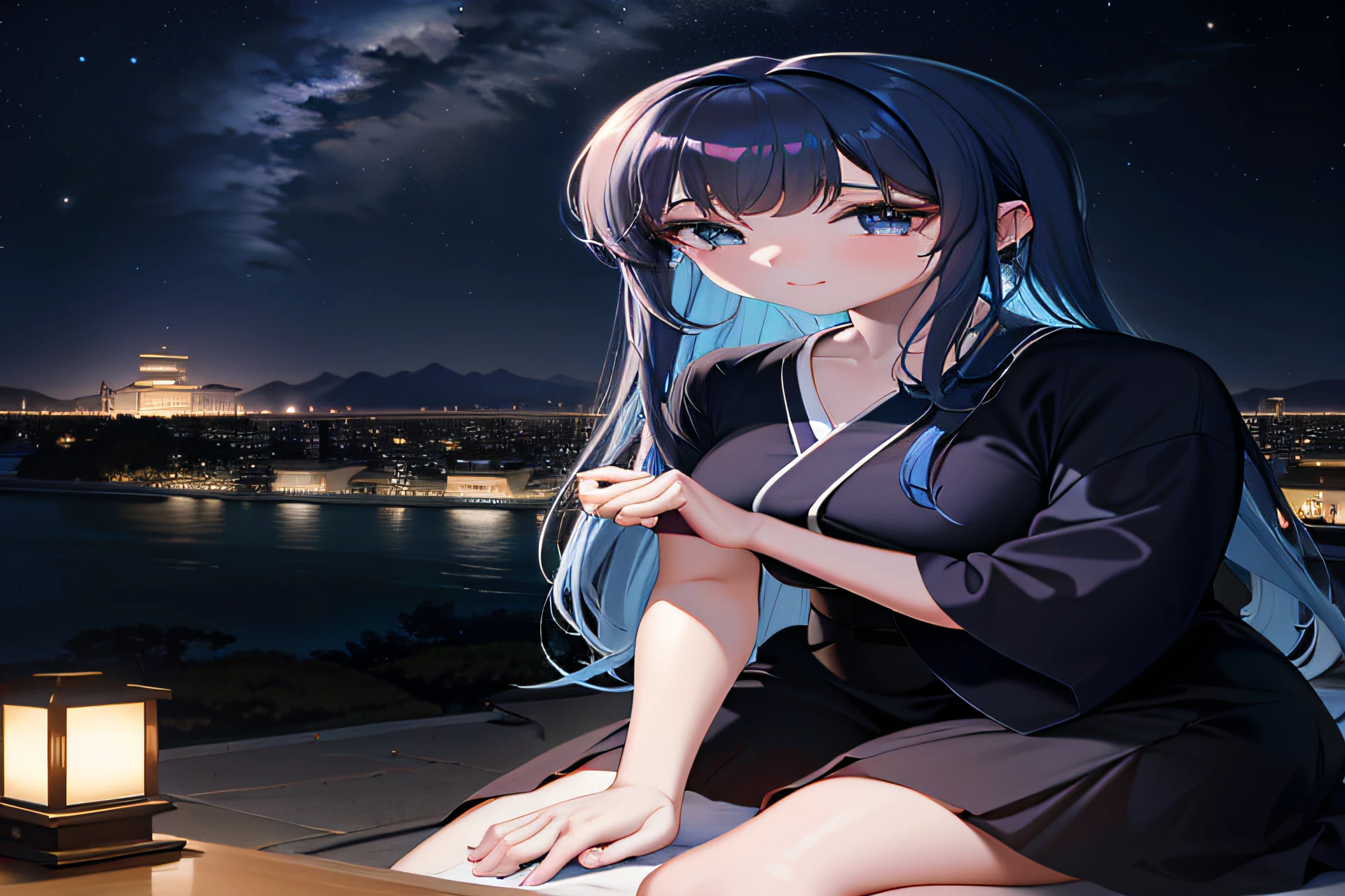 Shoko Makinohara，Two-dimensional painting style，，Long straight blue hair，blueneyes，Kamakura River Island night view, Japan，Two-dimensional beautiful girl
Anime girl sitting on windowsill，with a lantern in hand, style of anime4 K, 4K anime wallpaper, Anime style. 8K, Anime wallpaper 4K, Anime wallpaper 4 k, Beautiful anime girl, Anime art wallpaper 8 K, Anime art wallpaper 4 K, Anime art wallpaper 4k, anime moe art style, anime styled digital art, nightcore