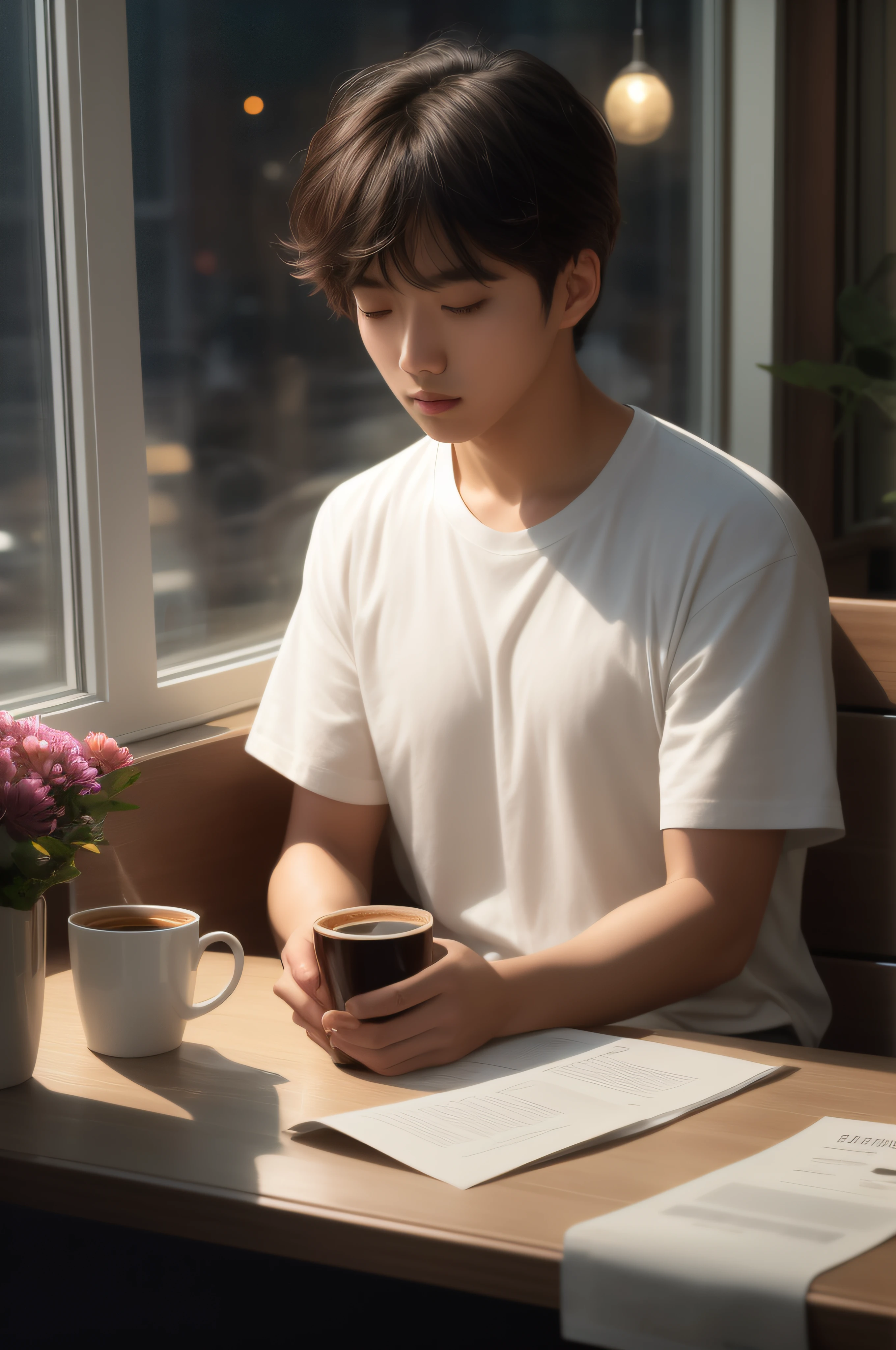 there is a man sitting at a table with a cup of coffee and a cell phone, morning time, portrait of morning coffee, lofi portrait at a window, morning coffee, morning lighting, korean artist, early morning mood, summer morning light, male ulzzang, inspired by Kim Eung-hwan, cinematic morning light, sitting in a cafe alone