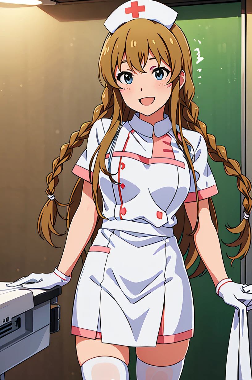 umi kousaka (million live), twin braids, long hair, solo, Nurse, ((White nurse cap, White nurse uniform)), ((White legwear, zettai ryouiki)), White Gloves, Smile, Standing, ((Hospital room)), sharp outline, Short sleeves, Best Quality, masutepiece