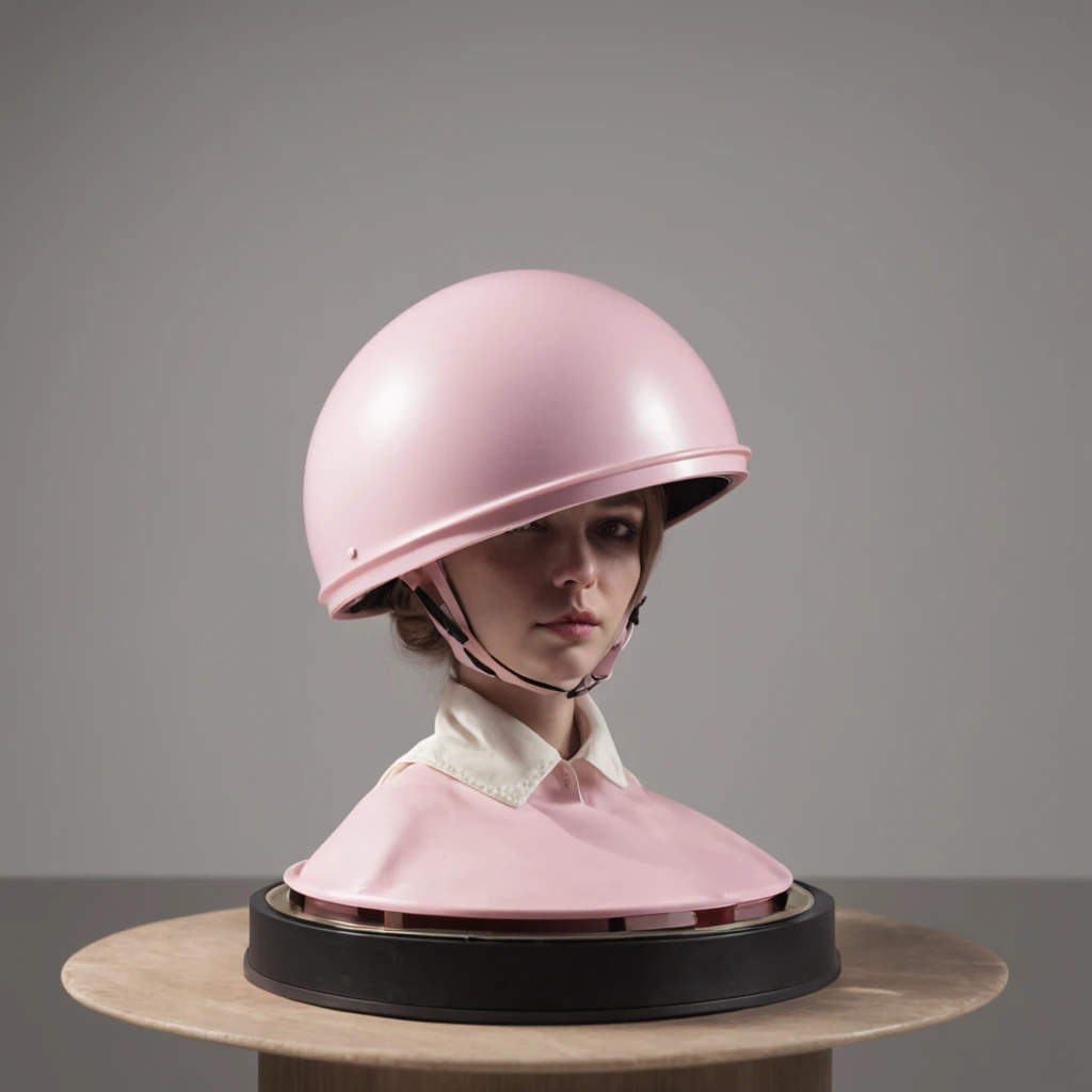 There's a pink helmet floating in the air, and underneath is a 3D prototype tray of Comparative Art