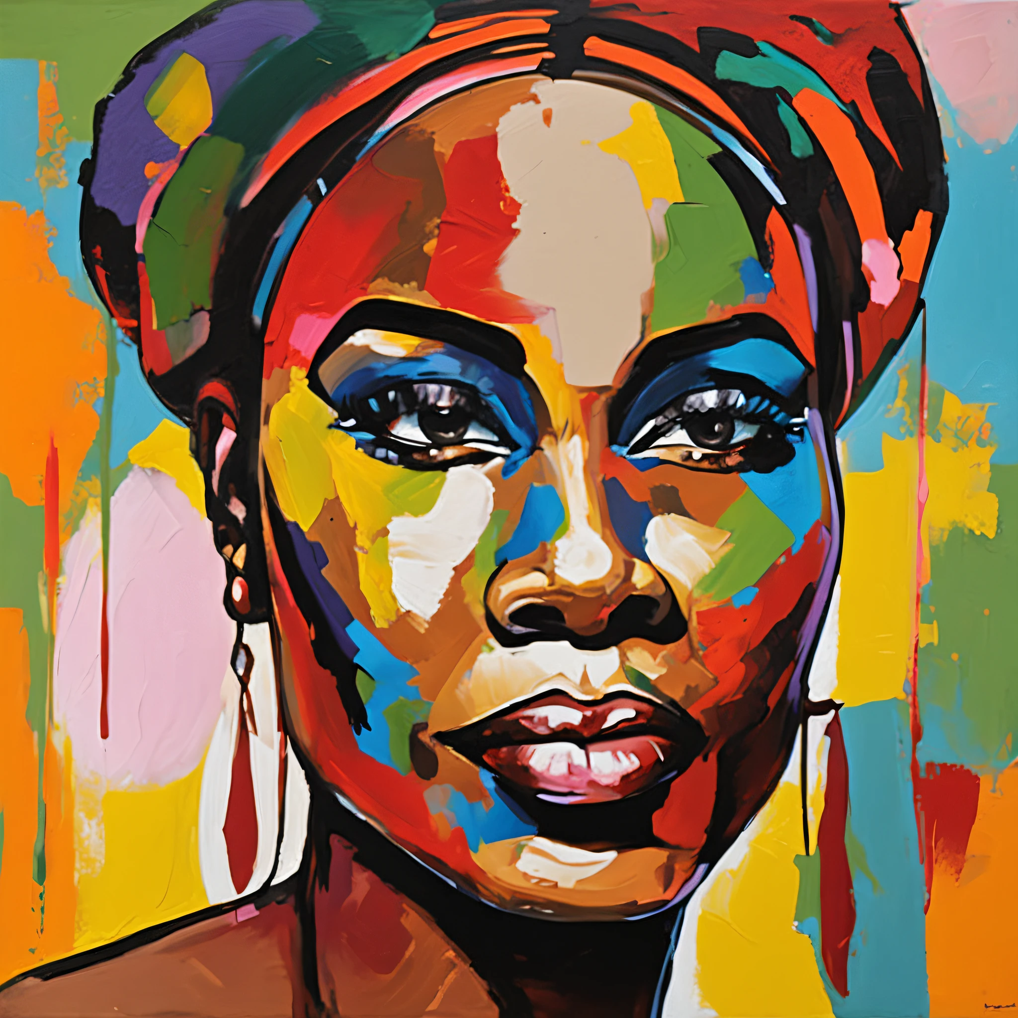 Black Women's Face Painting, AfrO - Brazilian ethnicity, On a colorful background, Abstract face, abstract portrait, Stylized face, Pop Art Painting, Expressive detail face, expressive feminine face, Inspired by Picasso, Pop Art Painting, Beautiful expressive paintings, Detailed face of Afro-Brazilian caste woman, Detailed expression, Picasso style, Cubist style