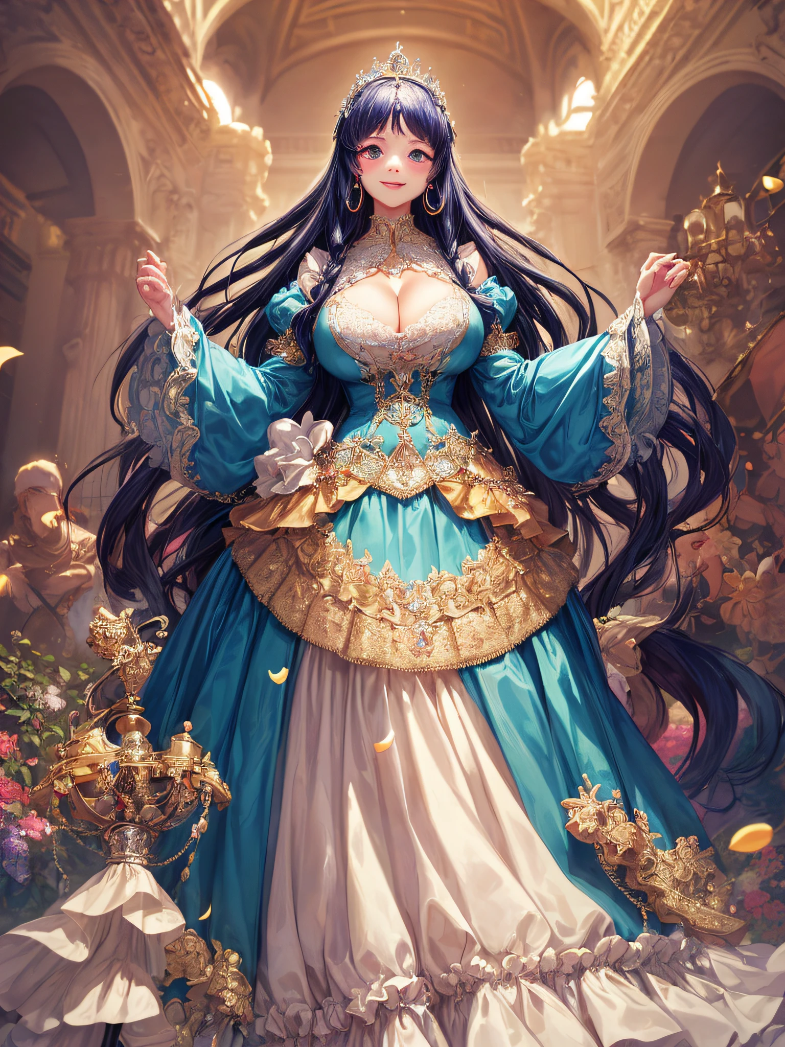 (masterpiece, best quality,extremely detailed,moe anime art style:1.2),1girl, (solo), cute, kawaii,digital art,((1 bling-bling anime princess wearing beautiful embroidery and jeweled gorgeous princess rococo ballgown with voluminous full length hoop skirt)),((crinoline)),long train,voluminous frills,(gorgeous embroidery and beautiful lace),(very gigantic boobs,cleavage,skindentation),((shiny hair,absurdly voluminous straight hair,absurdly Long Hair)),(finely detailed face and eye),clear pupil,smile,extremely gorgeousfull jeweled tiara,(bling-bling extremely gorgeousfull jeweled tiara),((bling-bling gorgeous gemstone jewelry)),long veil,((standing in beautiful garden)),flowers,flower petals flowing,(dynamic angle),((beautiful embroidery and jeweled gorgeous princess rococo ballgown with voluminous full length hoop skirt))