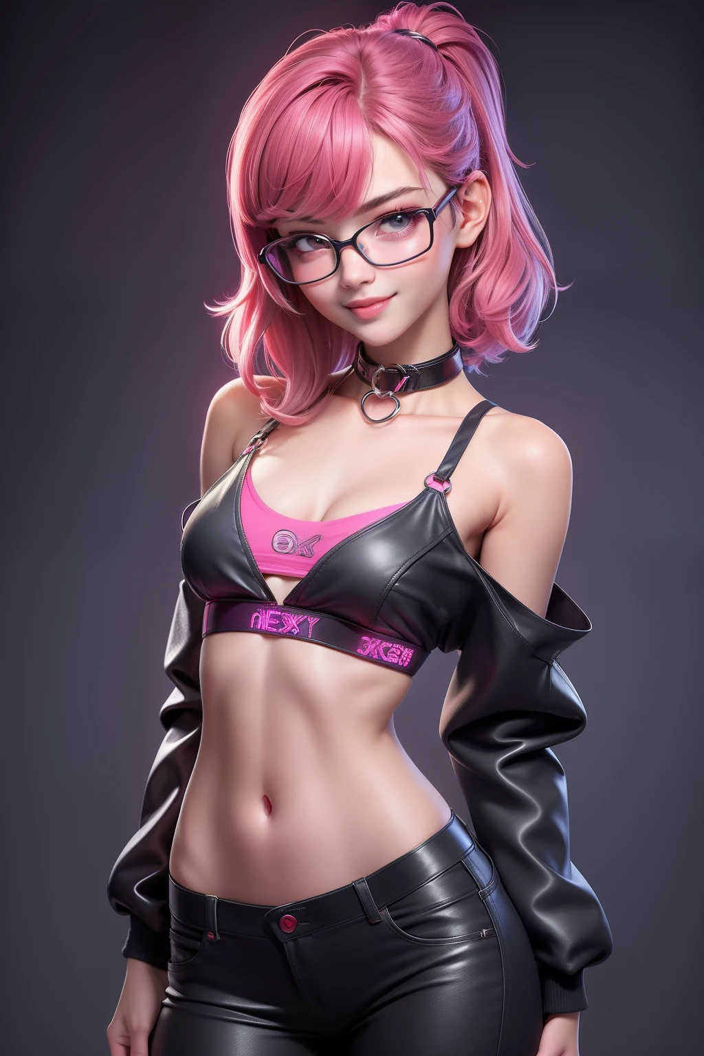 1 cute girl (18yo) glasses, upper body, slim waist, small breast, sexy pose, naugthy face, bangs, random hairstyle, cleavage, navel, collar, collarbone, off shoulder, seductive smile, wear intricately hot sexy underwear(neon cyberpunk color,1.1). flat gray color for background