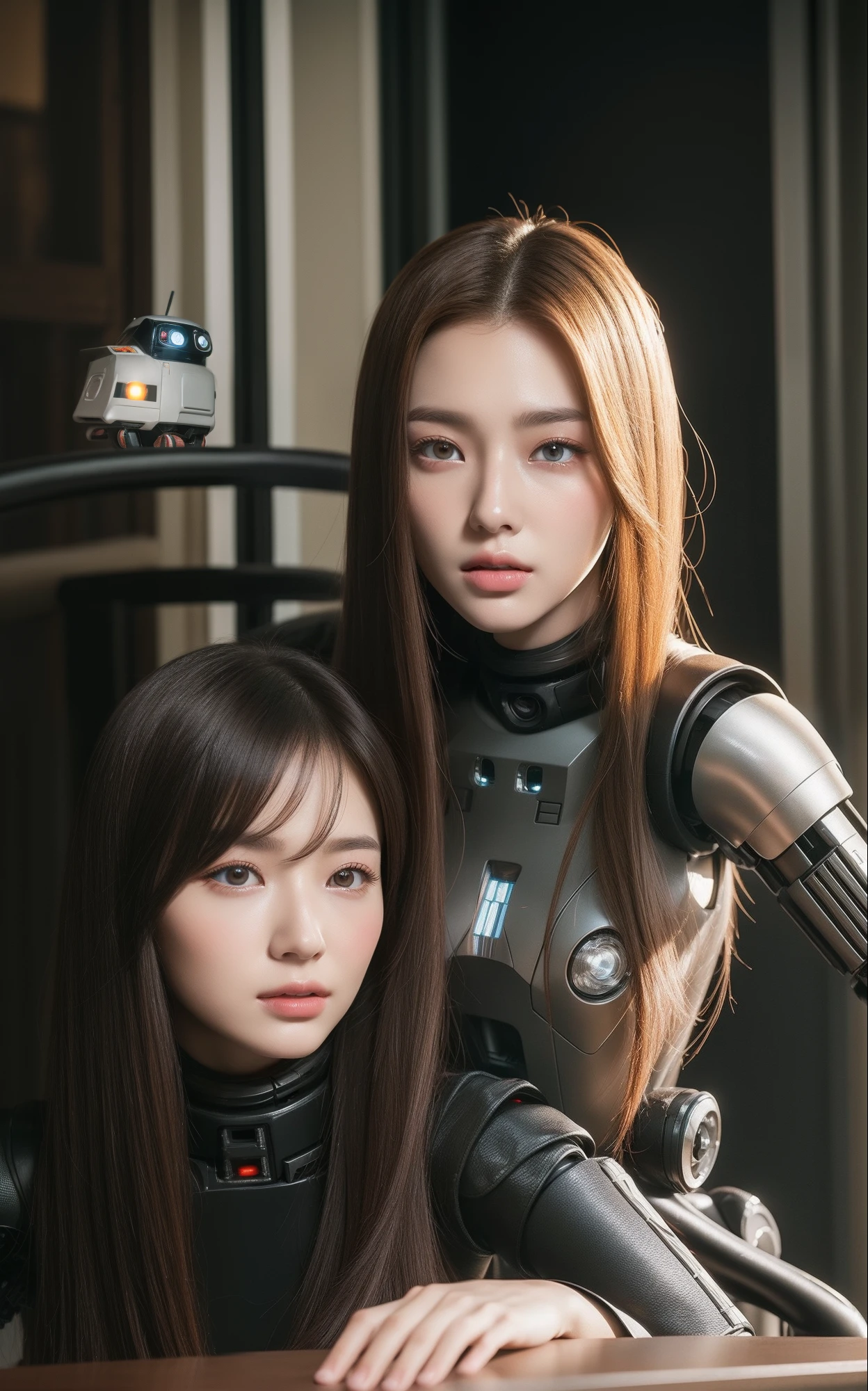(top-quality、超A high resolution、8K、​masterpiece、realisitic、Photorealsitic)、(Humanoid Droid:1.5)、two individuals、Droid with beautiful female face、The upper part of the body、close-up、frombelow、(Talking:1.2、Sitting on a chair)、looking in camera、BREAK、(cafes:1.2)、Daytime、Natural lighting