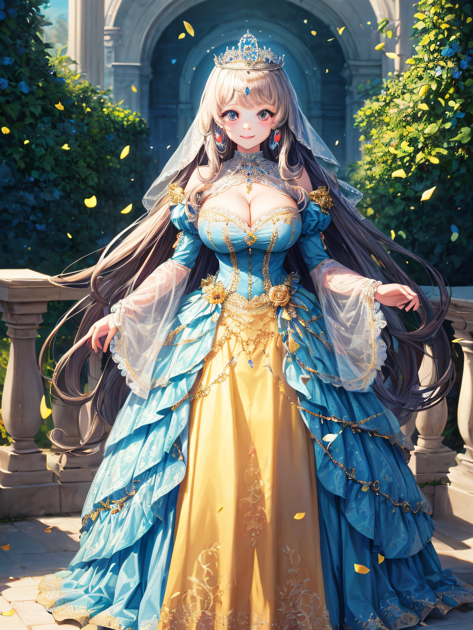 (masterpiece, best quality,extremely detailed,moe anime art style:1.2),1girl, (solo), cute, kawaii,digital art,((1 bling-bling anime princess wearing beautiful embroidery and jeweled gorgeous princess rococo ballgown with voluminous full length hoop skirt)),((crinoline)),long train,voluminous frills,(gorgeous embroidery and beautiful lace),(very gigantic boobs,cleavage,skindentation),((shiny hair,absurdly voluminous straight hair,absurdly Long Hair)),(finely detailed face and eye),clear pupil,smile,extremely gorgeousfull jeweled tiara,(bling-bling extremely gorgeousfull jeweled tiara),((bling-bling gorgeous gemstone jewelry)),long veil,((standing in beautiful garden)),flowers,flower petals flowing,(dynamic angle),((beautiful embroidery and jeweled gorgeous princess rococo ballgown with voluminous full length hoop skirt))
