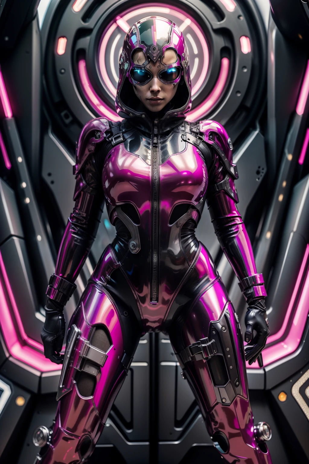 Full body like，(RAW photo:1.2)，Pink latex jumpsuit，Hollow-out on，Holt collar, latex shiny,tight-fitting，sweat leggs，White liquid， Pink body, wearing atsuko kudo latex outfit, wearing tight suit, Smooth pink skin, catsuits, Wearing latex, shiny plastic, shiny metallic glossy skin, The color of pink glow, latex outfit, chrome bodysuit, cyberpunk glossy latex suit, Shiny, futuristic glossy latex suit　spread their legs　M-shaped legs　angry look　sullenness　Irritated，white liquid all over body，