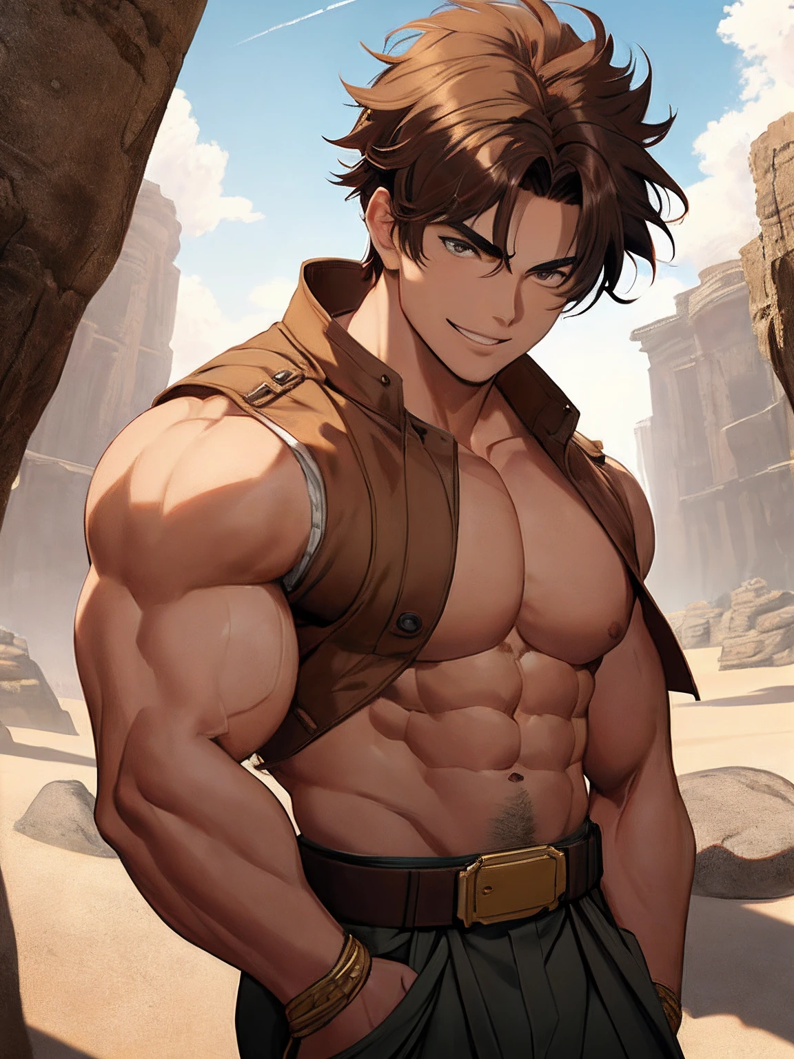 Head to knees image, close image (1man, shirtless, ripped muscles, topless, massive)), dark brown hair, hair moved by the wind, short hair with bangs that fall over the forehead and on both sides of the face, masculine, human, attractive, handsome (detailed face, perfect face) ((extremely realistic shadows, masterpiece, extremely detailed, photorealistic), ((22 year old young man)), broad shoulders, huge, muscular pecs, strong man, bodybuilding posture, carefree expression, smile, mischievous smile, huge, muscular body and Massive, bulging pecs, muscular abs, narrow waist, short hair, blue eyes, delicate big eyes, open your eyes ((detailed eyes)) Ruins of a Jedi temple with a rocky desert, Jedi style baggy brown pants and light brown cloth belt.
