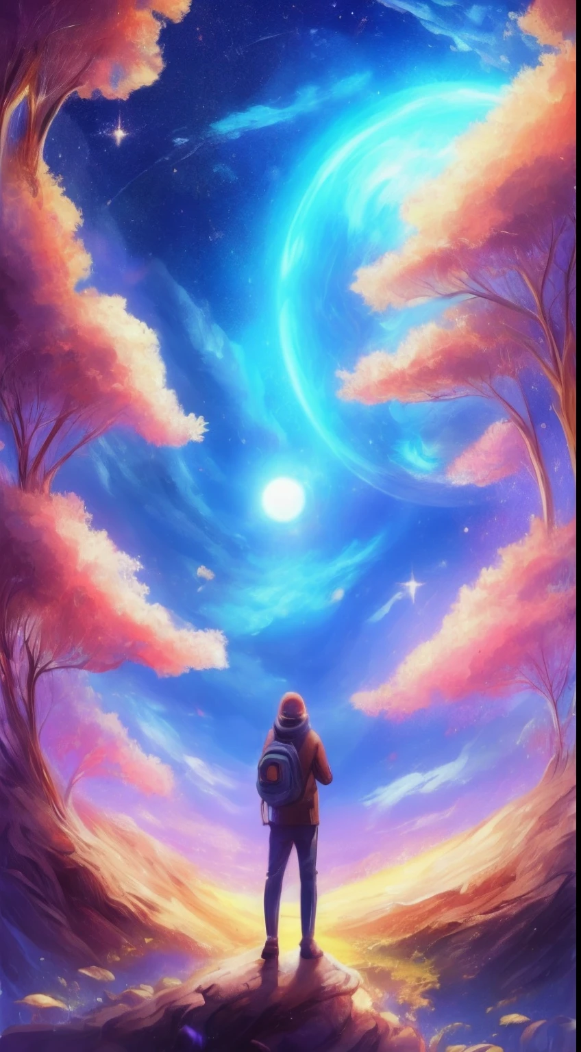 person, standing in front of a space portal overlooking the sun, cyril rolando and goro fujita, gateway to another universe, Inspired by Cyril Rolando, gateway to another dimension, world, visible only through the portal, High quality fantasy stock photo, portal to another world, portal to outer space, In the style of Cyril Rolando, Looking into space, Universe, Magical Galactic Portal, The Cycle of the Stars, God