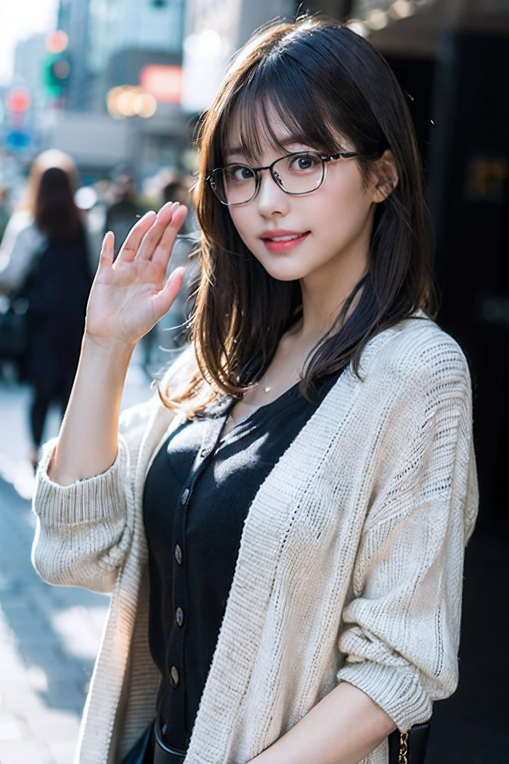 (8K、Raw photography、top-quality、masterpiece:1.2)、(realisitic、Photorealsitic:1.37)、ultra-detailliert、超A high resolution、1人、see the beholder、beautifull detailed face、A smile with a little visible teeth、Constriction、(Slim waist) :1.3)、((Wearing a cardigan))、pastel clothing、Beautiful detailed skin、Skin Texture、Floating hair、((semi long hair))、large breasts with good shape、Professional Lighting、In front of the station at noon、((Black square glasses))、Whole human body、Black hair、((Have a small handbag))、waving at viewer、