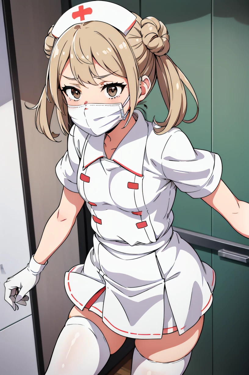 MichishioKC, twintails, two side buns, small breasts, solo, Nurse, ((White nurse cap, White nurse uniform)), ((White legwear, zettai ryouiki)), White Gloves, ((White surgical mask, Cover the nose)), Standing, ((Hospital room)), sharp outline, Short sleeves, Best Quality, masutepiece