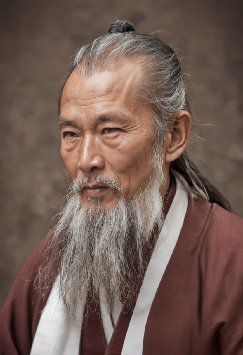 Um close-up de um velho monge com uma longa barba e uma barba branca, taoist, careca，Traje de monge，inspirado em Wu Daozi, Retrato do monge, taoist master, foto do retrato de um homem velho, inspirado em Hu Zaobin, inspirado em Hu Zao, longa barba branca, inspirado por Li Cheng, 7 0 mm portrait, Retrato de 60mm