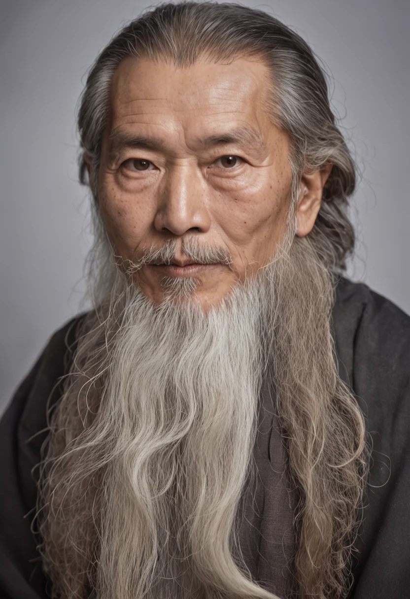 Um close-up de um velho monge com uma longa barba e uma barba branca, taoist, careca，Traje de monge，inspirado em Wu Daozi, Retrato do monge, taoist master, foto do retrato de um homem velho, inspirado em Hu Zaobin, inspirado em Hu Zao, longa barba branca, inspirado por Li Cheng, 7 0 mm portrait, Retrato de 60mm
