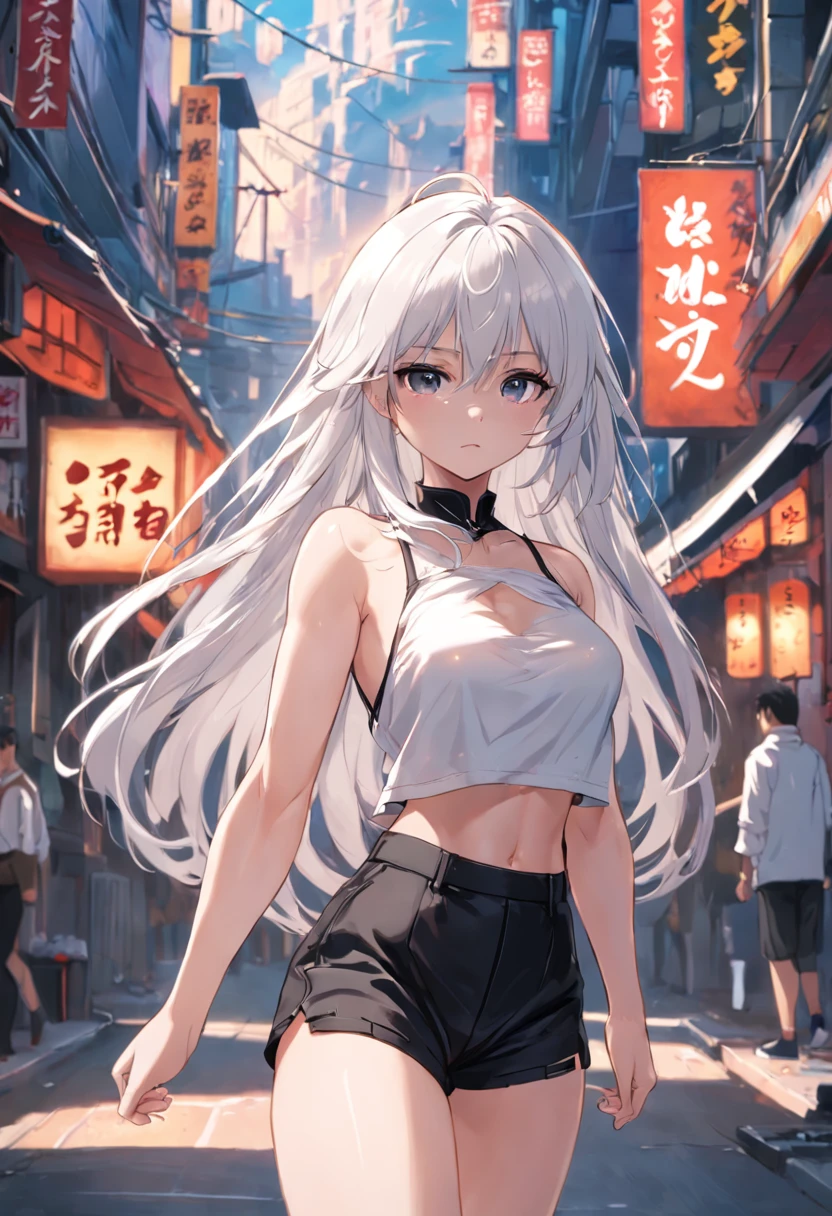 1girl, walking in the street, wearing black crop top, long white hair, hot pants, high res, 4k, masterpiece, looking at viewer