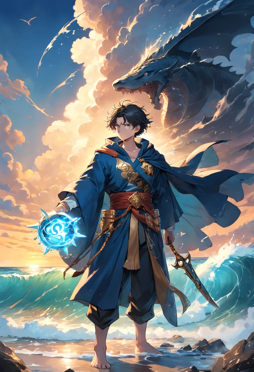 Marine style,Rocky beach with crashing waves,Cloud-filled blue sky,Golden sea at sunset,The boy stood up bravely,Holding a mysterious magic weapon that emits light,Wear a handsome cloak and mysterious talisman,Carrying a splendid legend,Closely connected to him is a sharp ancient weapon.