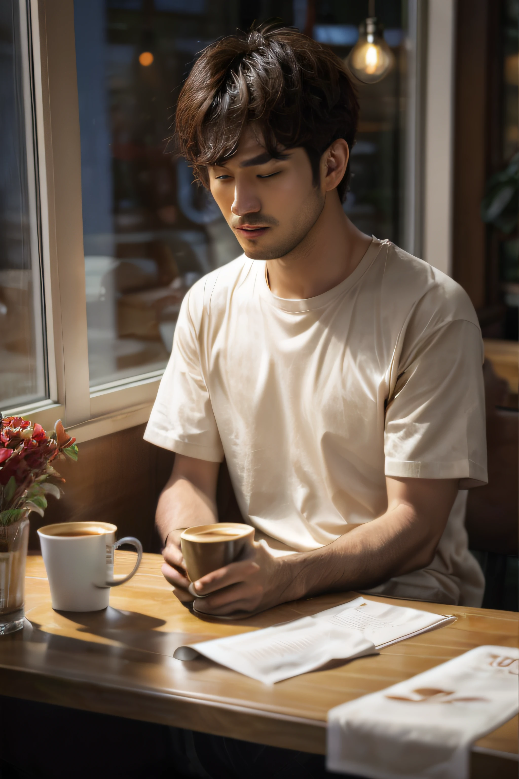 there is a man sitting at a table with a cup of coffee, sitting in a cafe alone, sitting alone in a cafe, drinking coffee, south korean male, male ulzzang, drinking a coffee, morning time, morning coffee, sitting on a mocha-colored table, jinyoung shin, portrait of morning coffee, drinking a cup of coffee