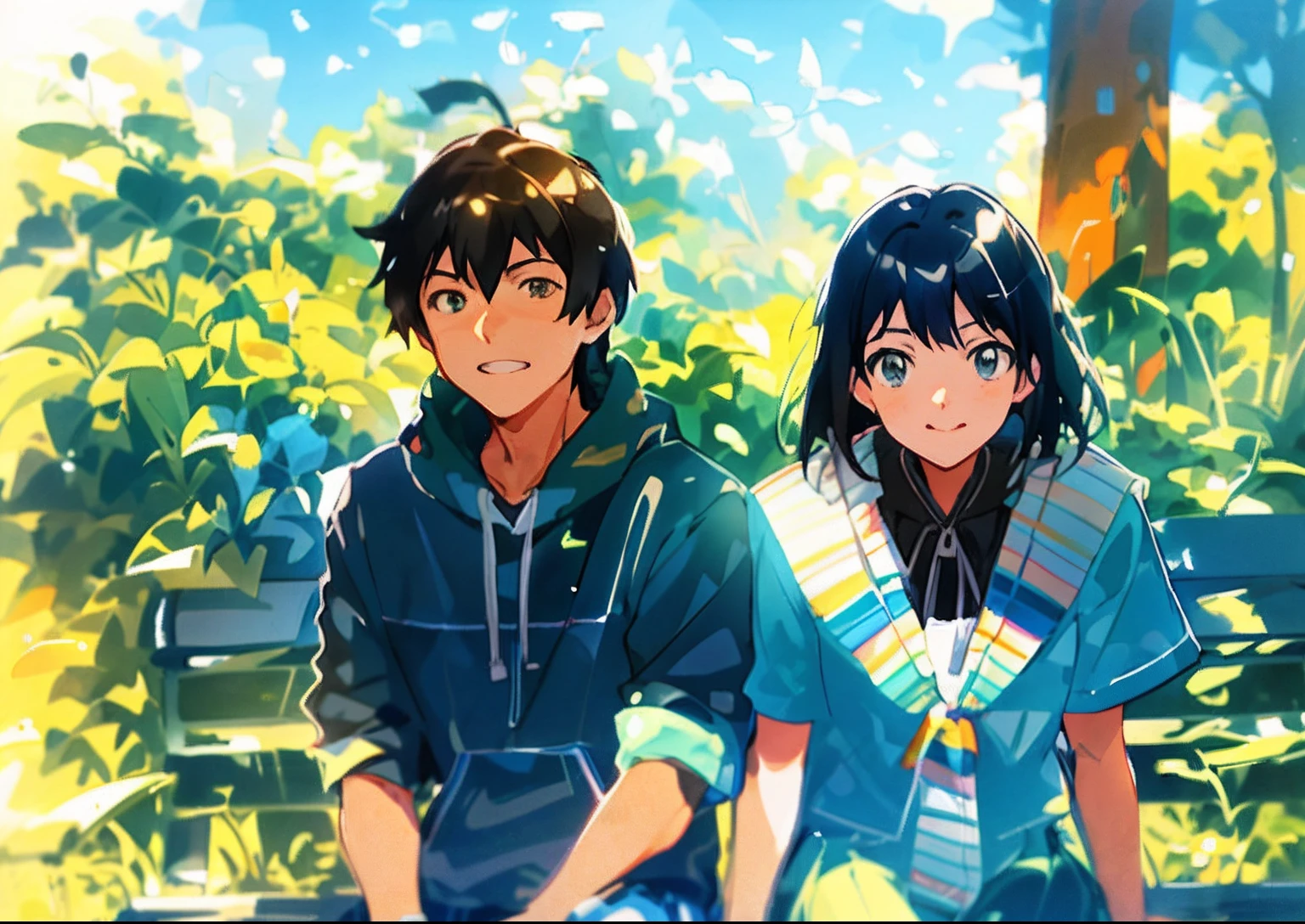 Anime characters sitting on park benches, sakimichan and makoto shinkai, Guweiz e Makoto Shinkai, High-quality fanart, Boy and girl, 4k manga wallpapers, beautiful anime art style, in the style of makoto shinkai, Fiona Staples e Makoto Shinkai, Anime style portrait, Anime style mixed with Fujifilm
