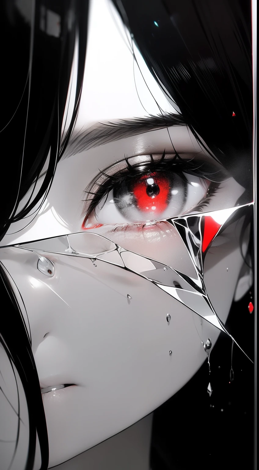 black andwhite，Absolutely beautiful woman，Bust，Broken mirror，Black and white splitting，Red tears，Black and white painting，Broken，sublevel，Black and white，Eroded by darkness and light，对称